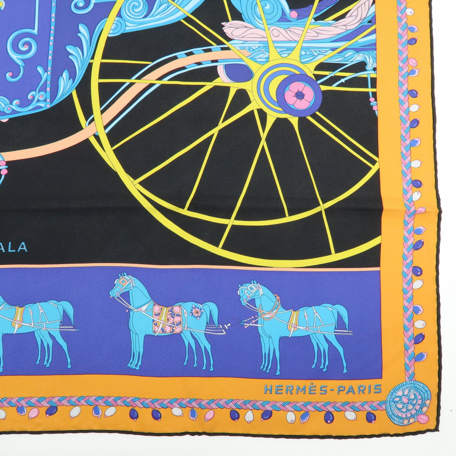 HERMES Carre 90 Silk 100% Scarf COUPE DE GALA Black Orange Blue