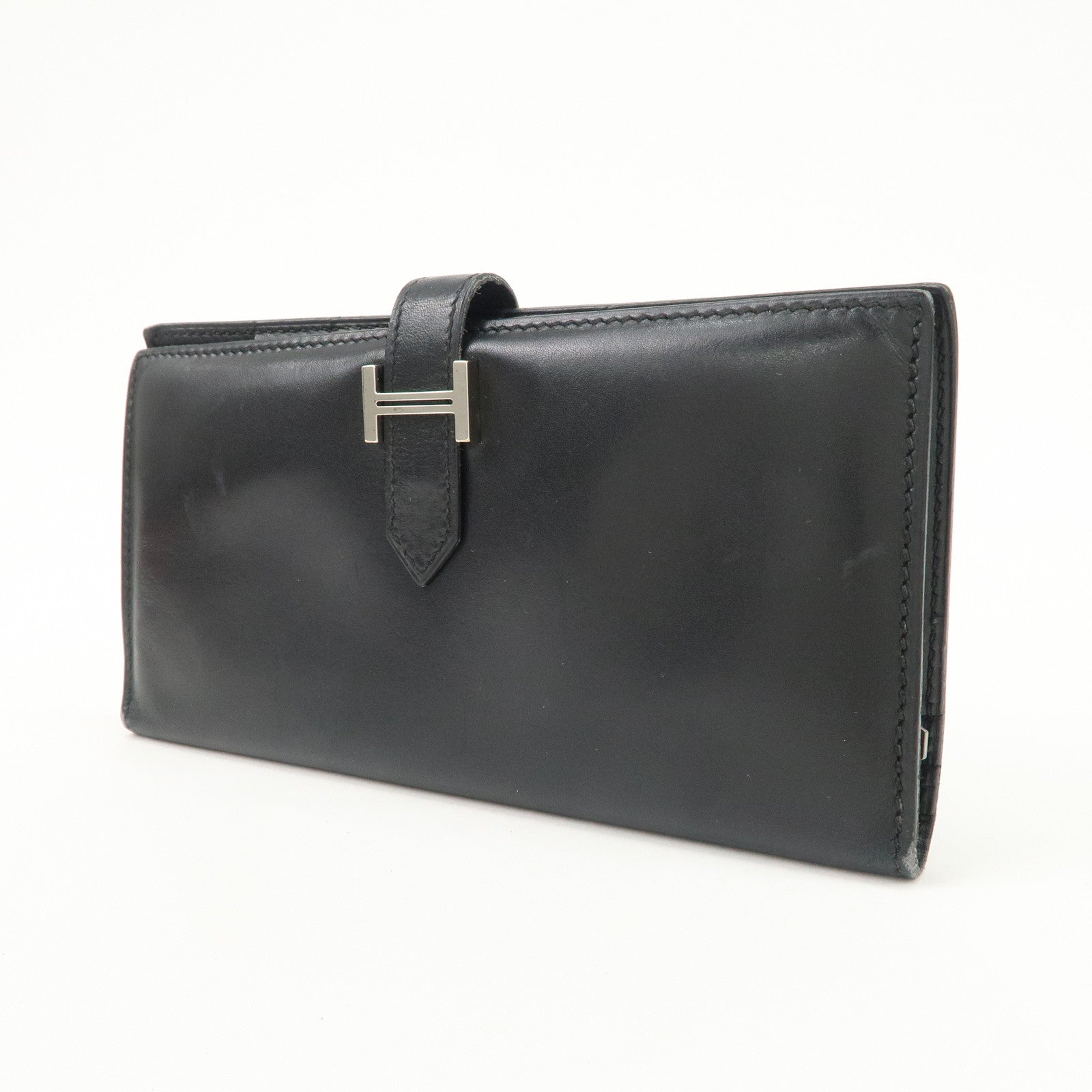 HERMES Box Calf Leather Beant Classic Long Wallet Black