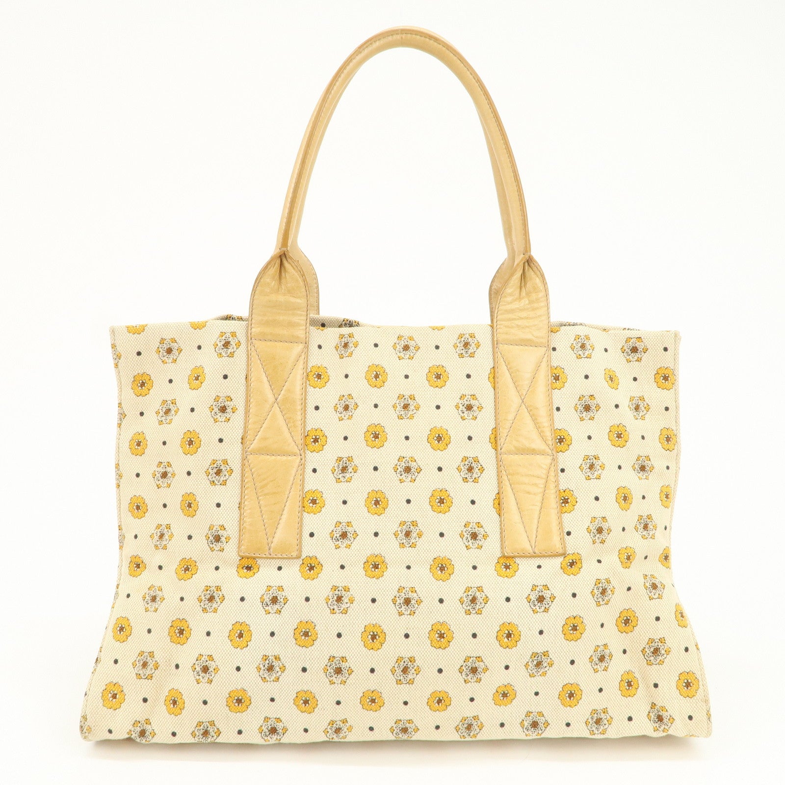 MIU MIU Canvas Leather Tote Bag Hand Bag Flower Motif Beige