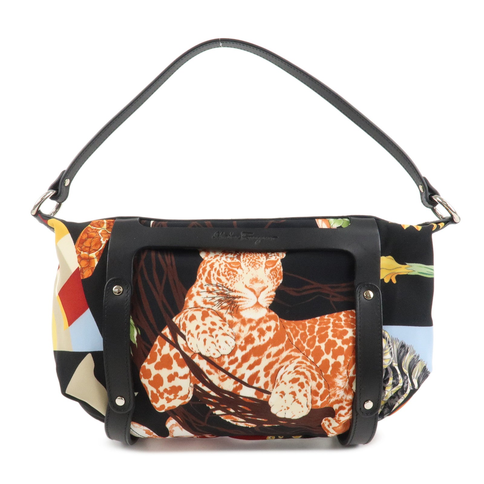 Ferragamo Nylon Leather Mini Hand Bag Pouch Multicolor Black Used