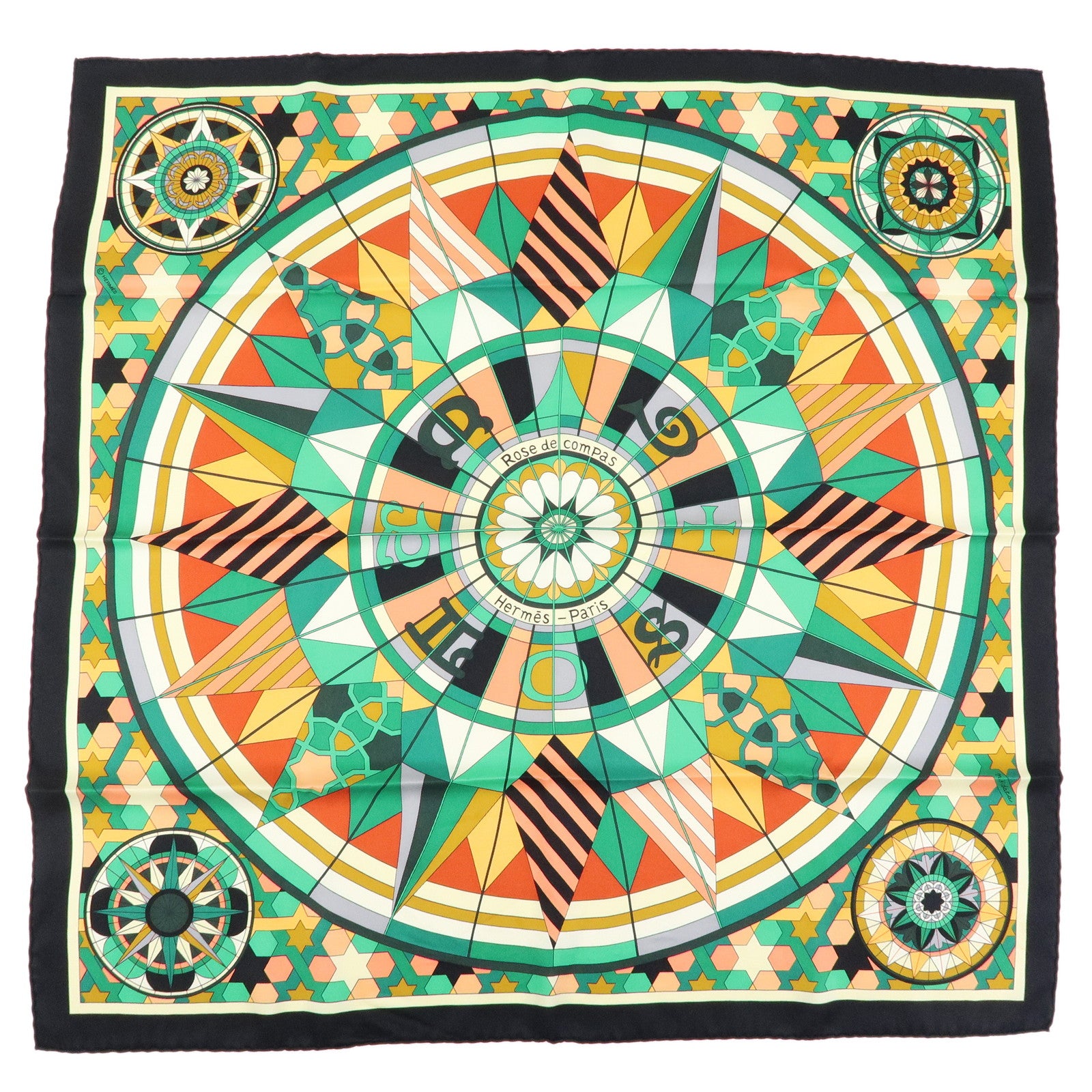 HERMES Carre 70 Silk 100% Scarf ROSE DE COMPAS Black Green