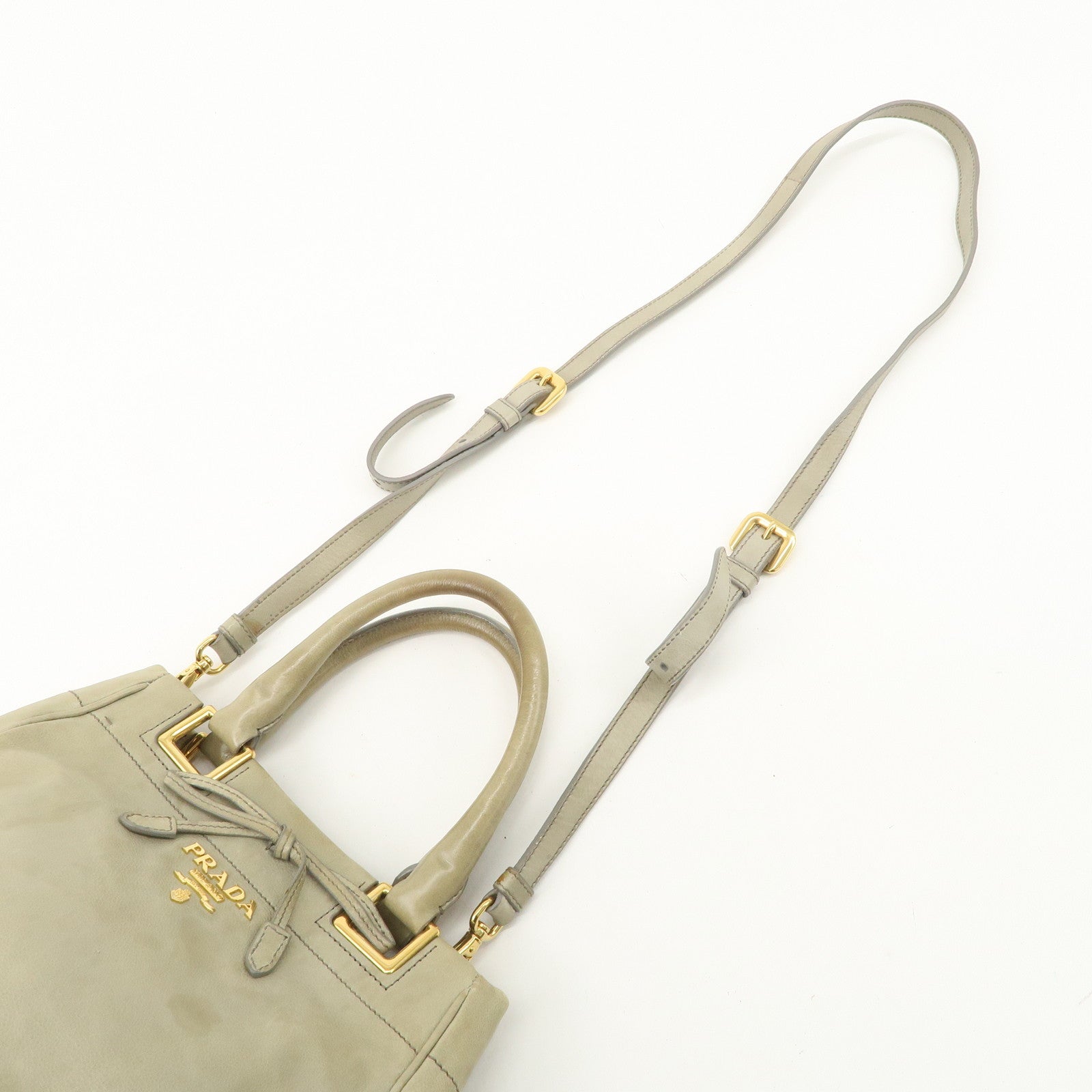 PRADA Logo Ribon Leather 2WAY Tote Bag Hand Bag Beige Gold HDW BN2245 Used