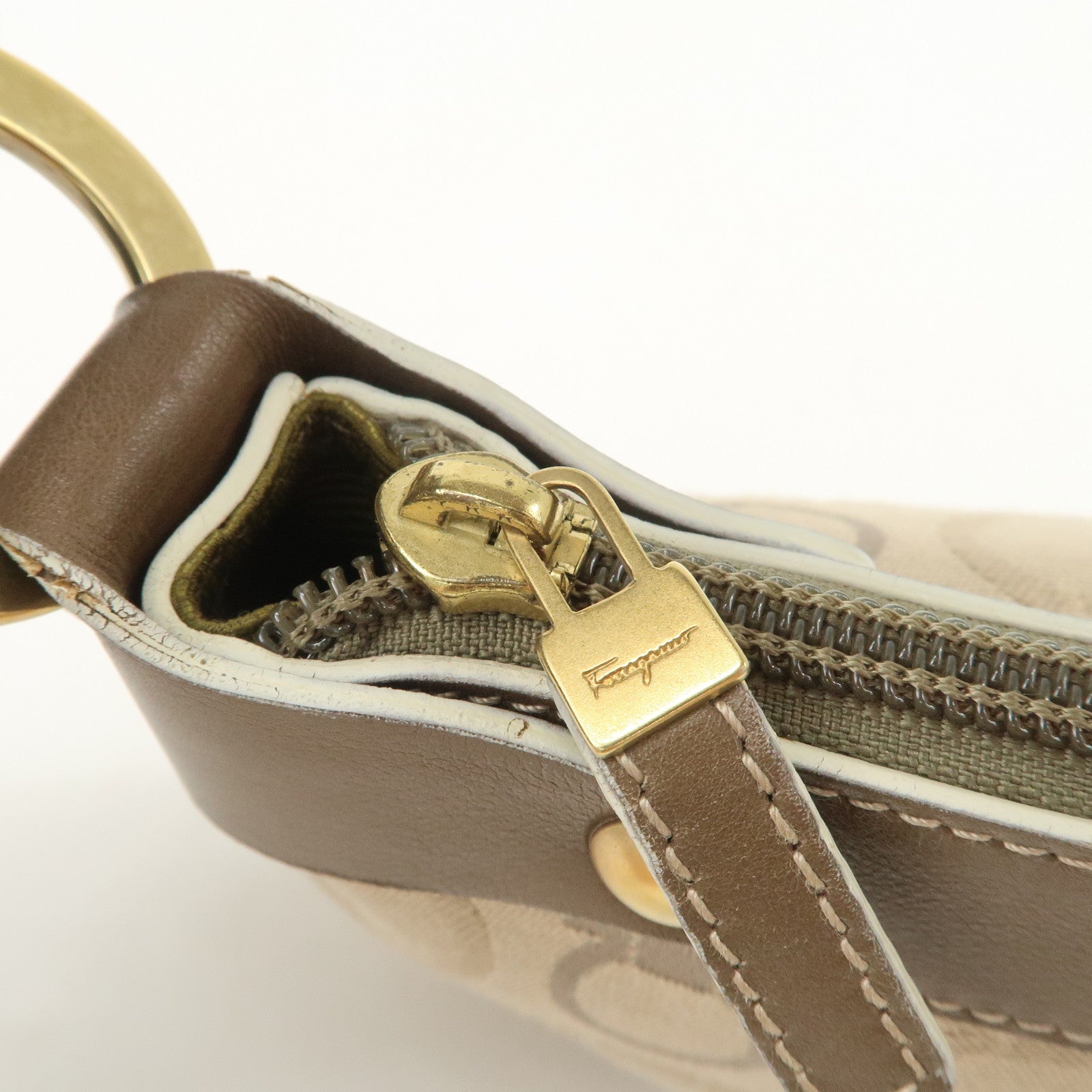 Ferragamo Gancini Canvas Leather Shoulder Bag Hand Bag Beige Brown