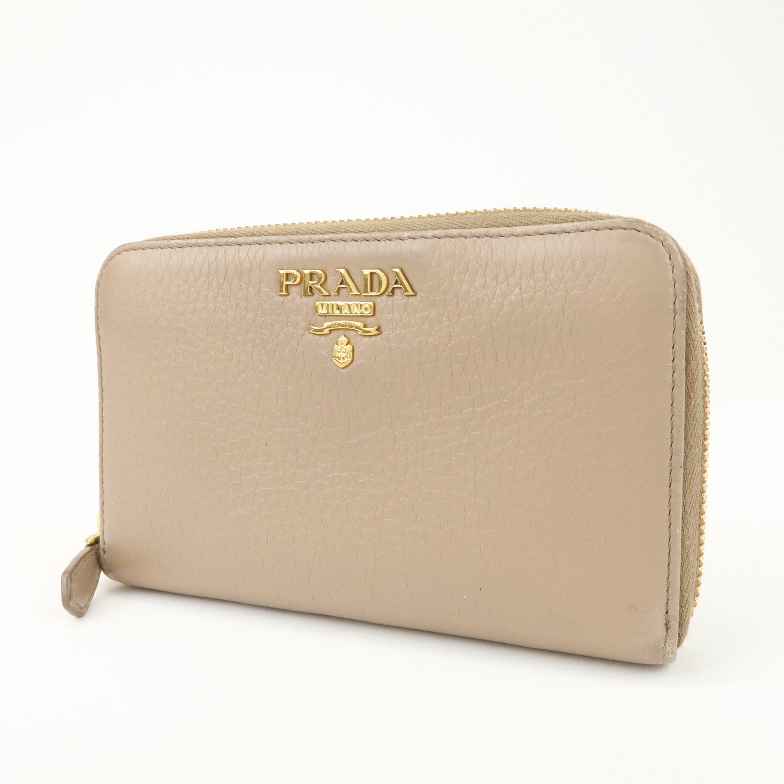 PRADA Calf Leather Compact Round Zippy Wallet Beige Gold