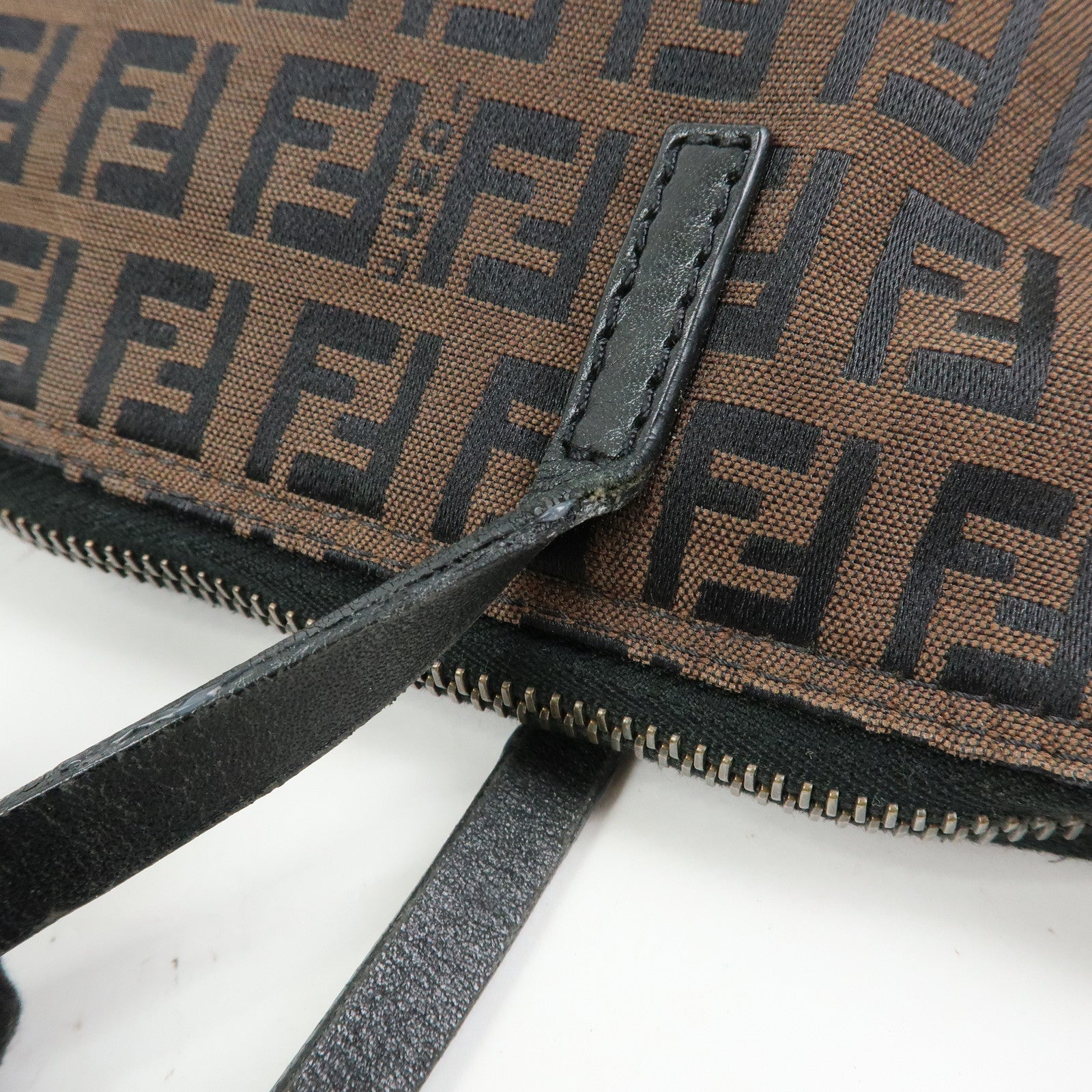FENDI Zucchino Canvas Leather Tote Shoulder Bag Brown Black 8BH023