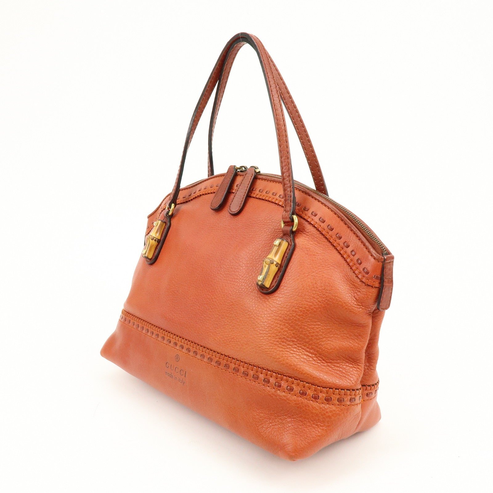 GUCCI Bamboo Laidback Crafty Leather Tote Hand Bag Orange 339002