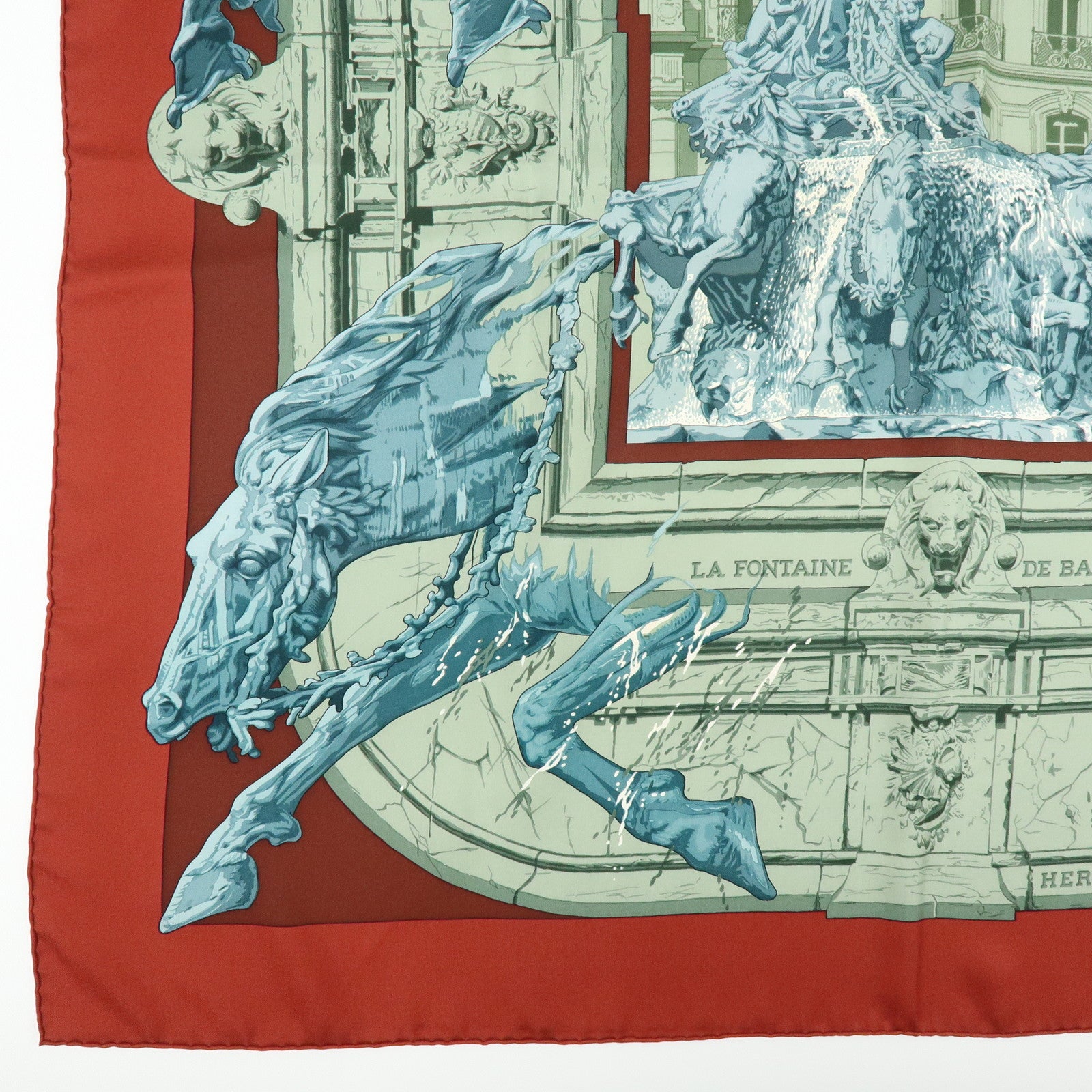 HERMES Carre 90 Silk 100% Scarf LA FONTAINE DE BARTHOLDI Gray Red