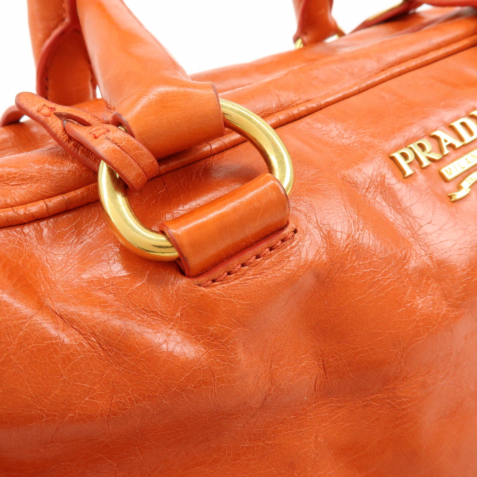 PRADA Logo Leather Boston Bag Hand Bag Shoulder Bag Orange BL0821