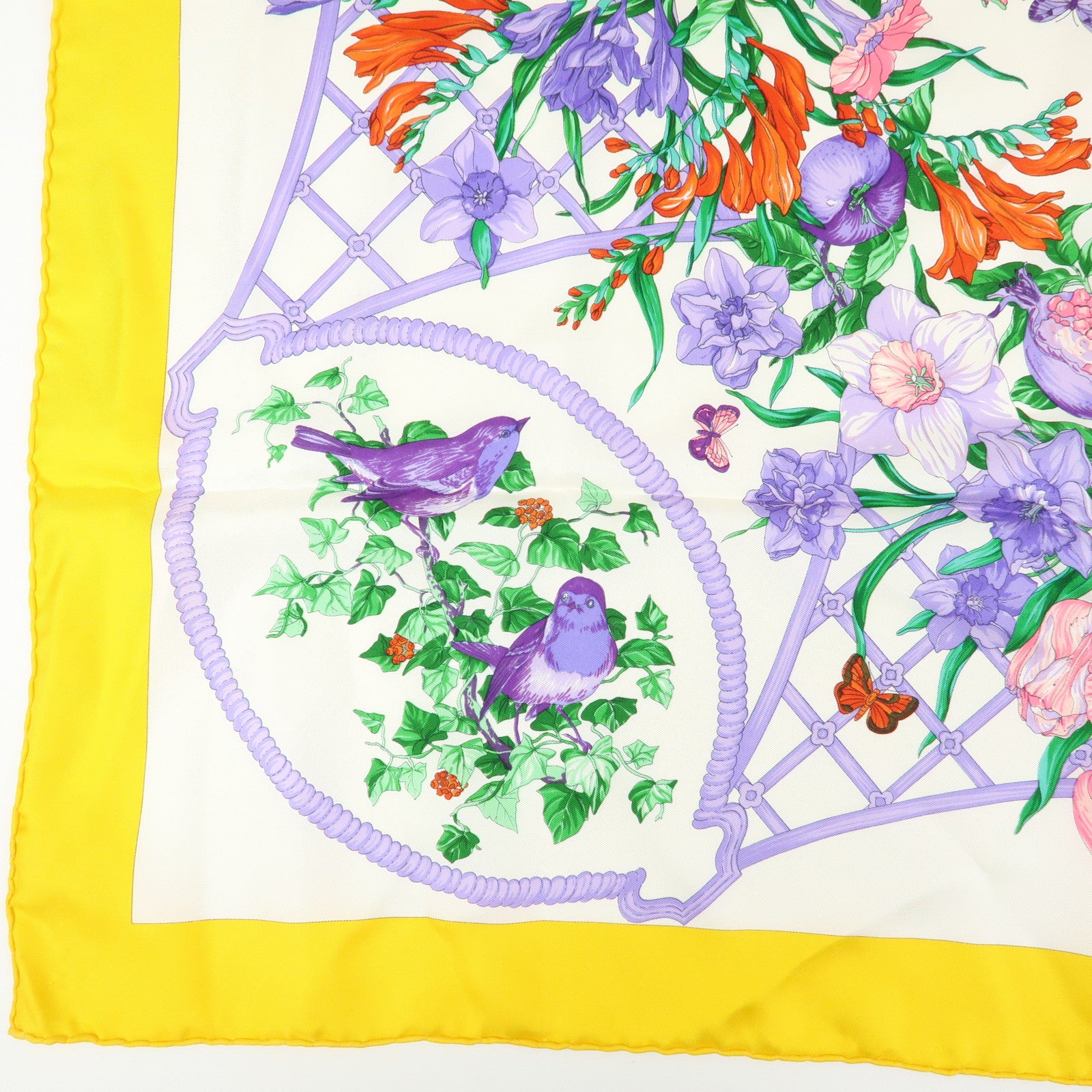 Christian Dior Silk 100% Scarf Botanical Pattern 87×87 White Yellow