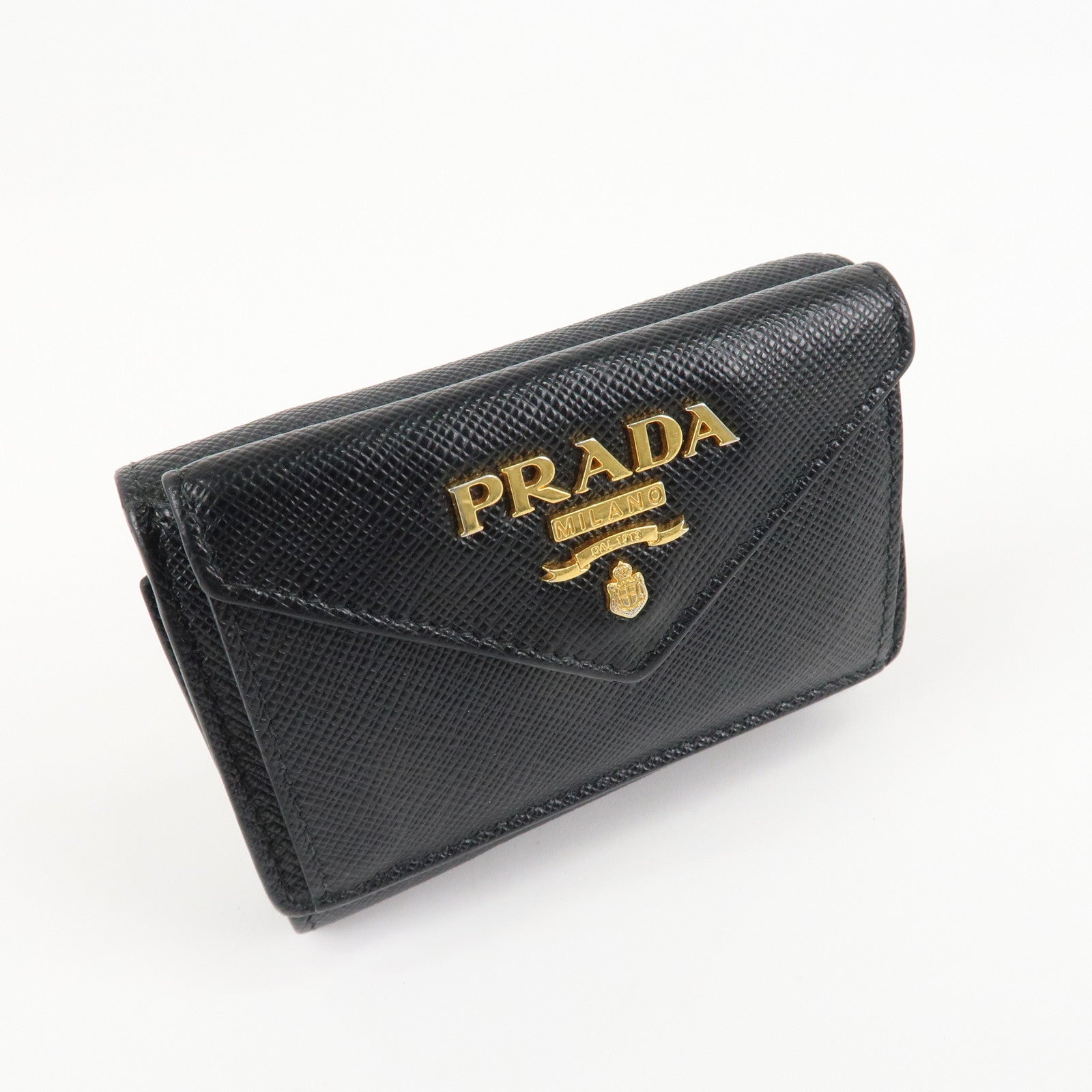 PRADA Saffiano Leather Tri-fold Wallet Black Gold Hardware 1MH021 Used