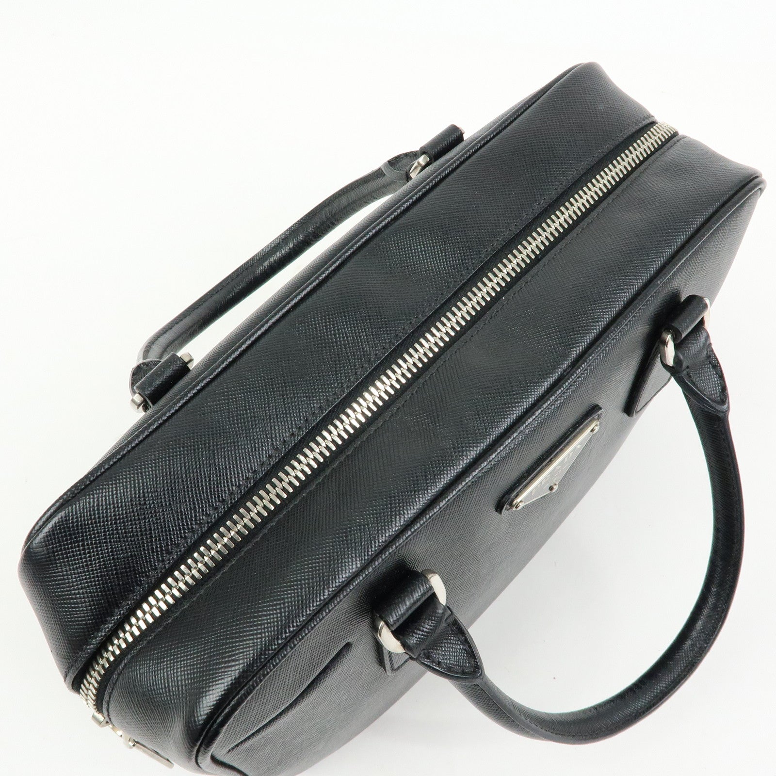 PRADA Triangle Logo Saffiano Leather Hand Bag Boston Bag Black