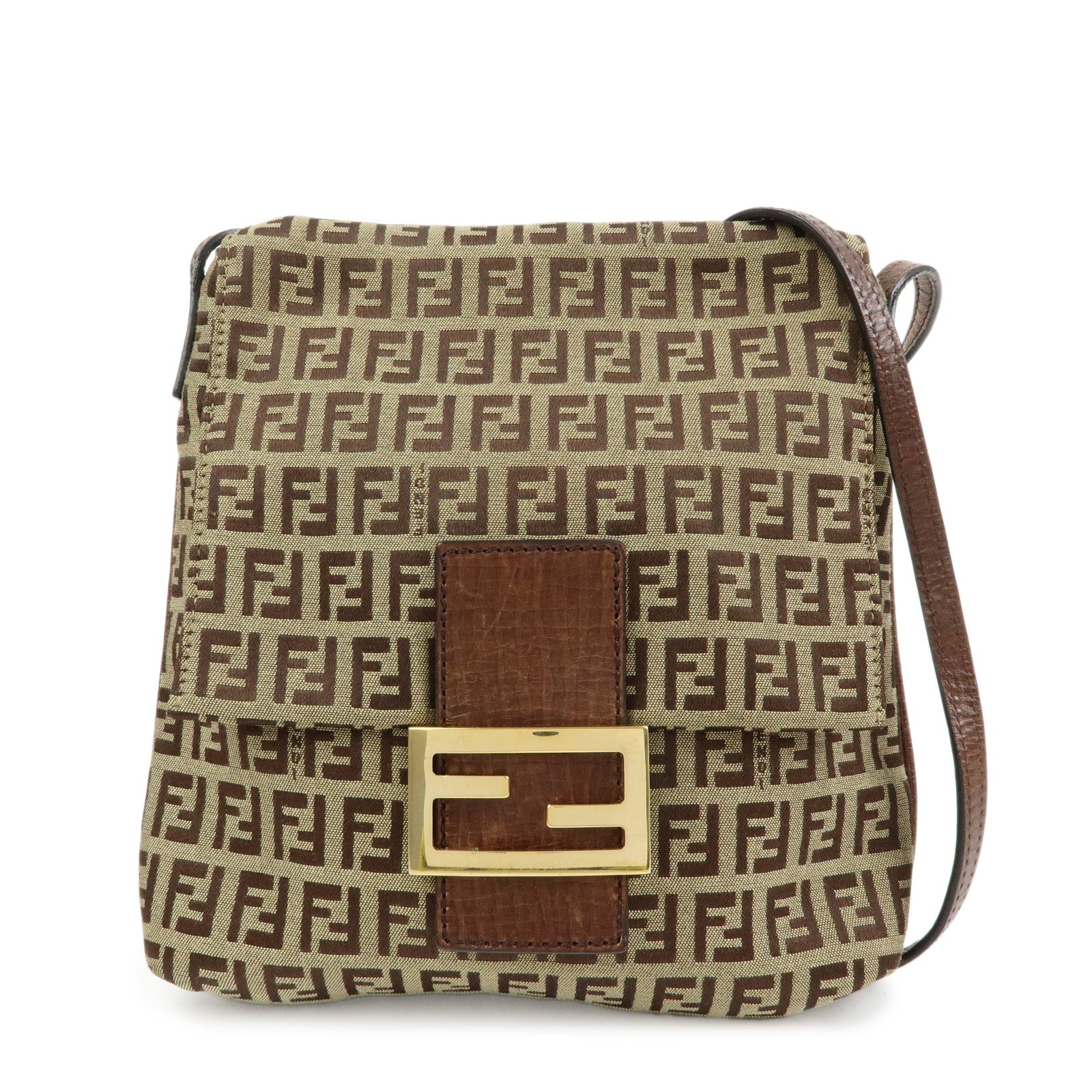 FENDI Zucchino Canvas Leather Shoulder Crossbody Bag Brown 8BT075