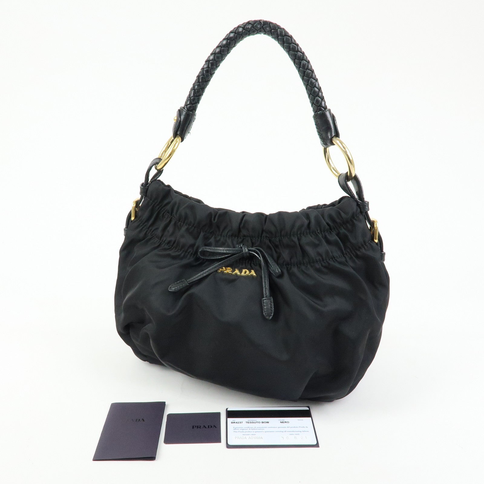 PRADA Ribbon Nylon Leather Shoulder Bag Hand Bag Black BR4237