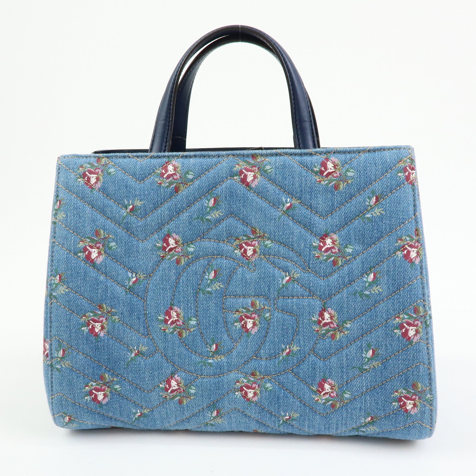GUCCI GG Marmont Denim Leather 2Way Bag Flower Motif Navy 448054