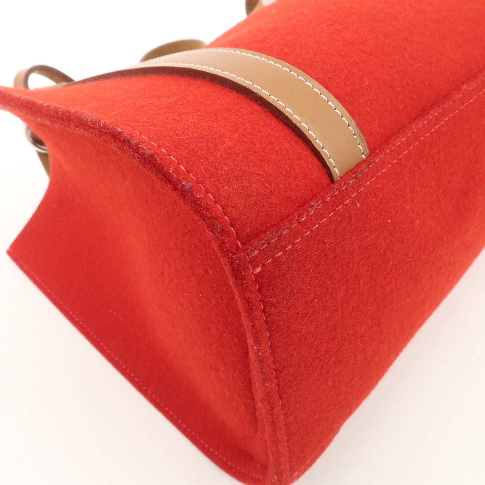 HERMES Leather Felt Cabalicol P Stamped Shoulder Bag Beige Red Used