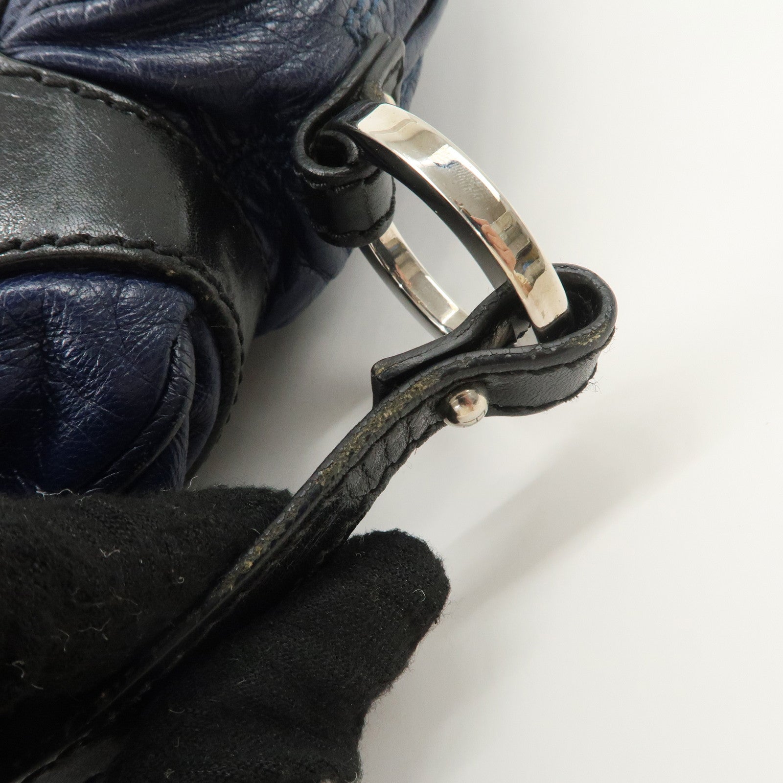 FENDI Leather Shoulder Bag Navy Black Silver HDW 8BR293 Used