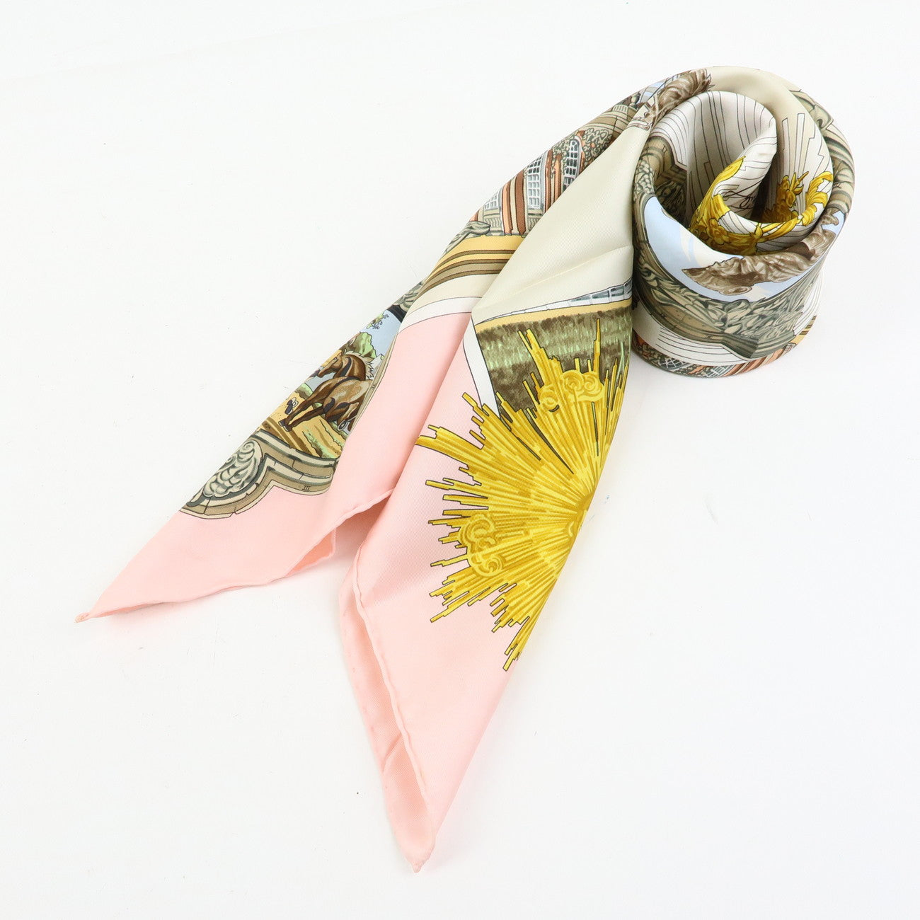 HERMES Carre 90 Silk 100% Scarf SANSSOUCY Pink White
