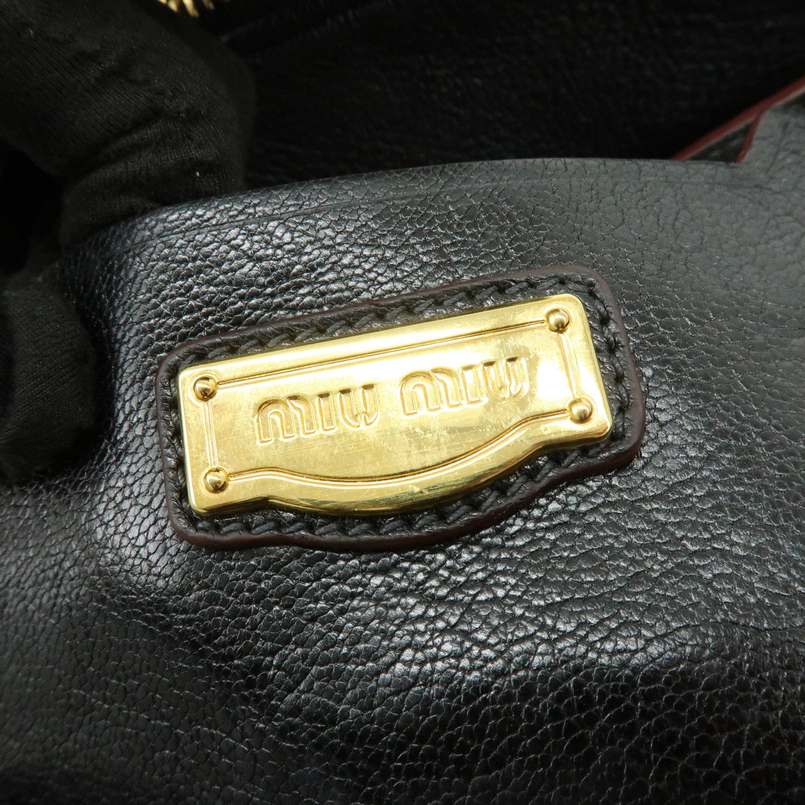 MIU MIU Logo Madras Leather 2Way Bag Hand Bag Shoulder Bag Black