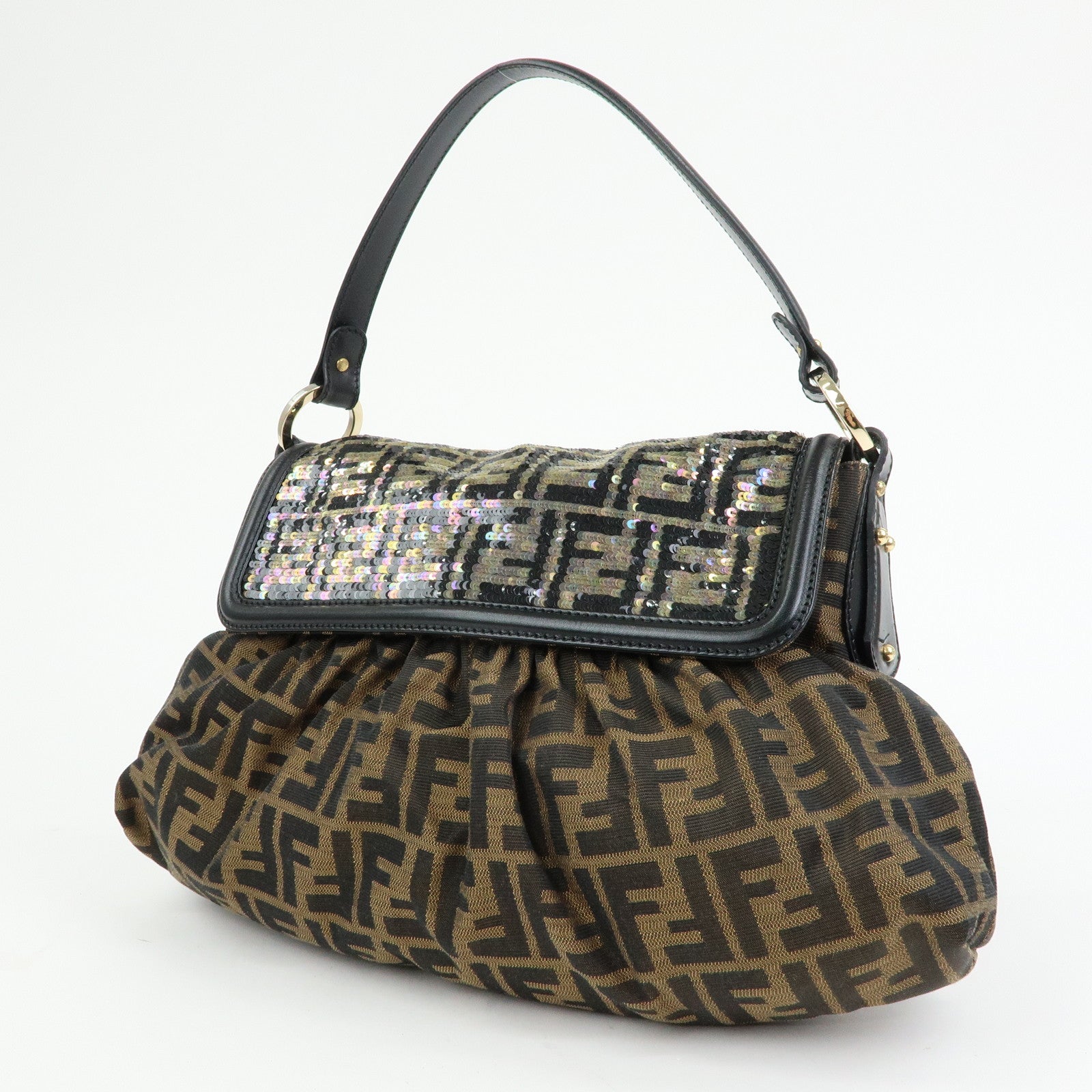 FENDI Zucca Canvas Leather Sequined Shoulder Bag Brown 8BR436