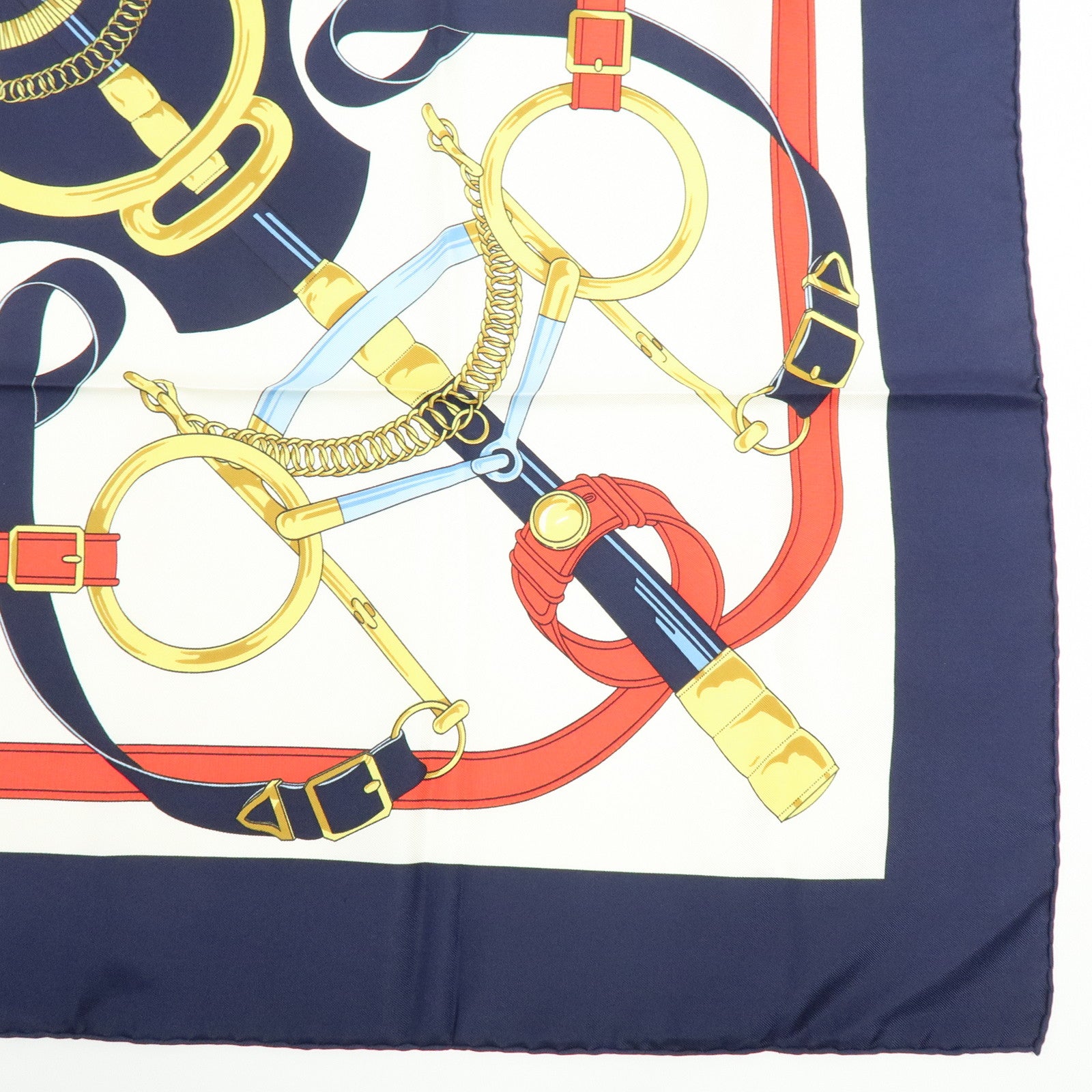 HERMES Carre 90 Silk 100% Scarf Eperon d'or Navy White Yellow Red