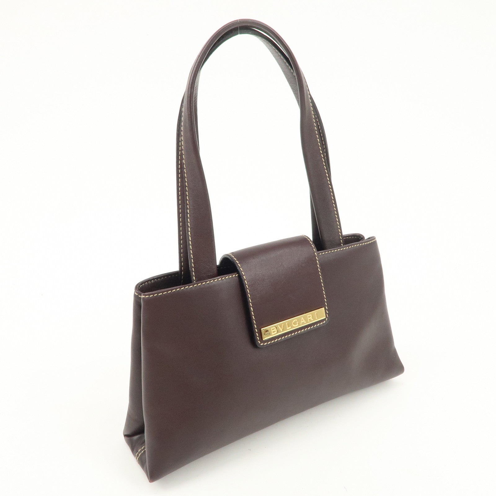 BVLGARI  Leather Tote Bag Hand Bag Dark Brown Gold HDW Used