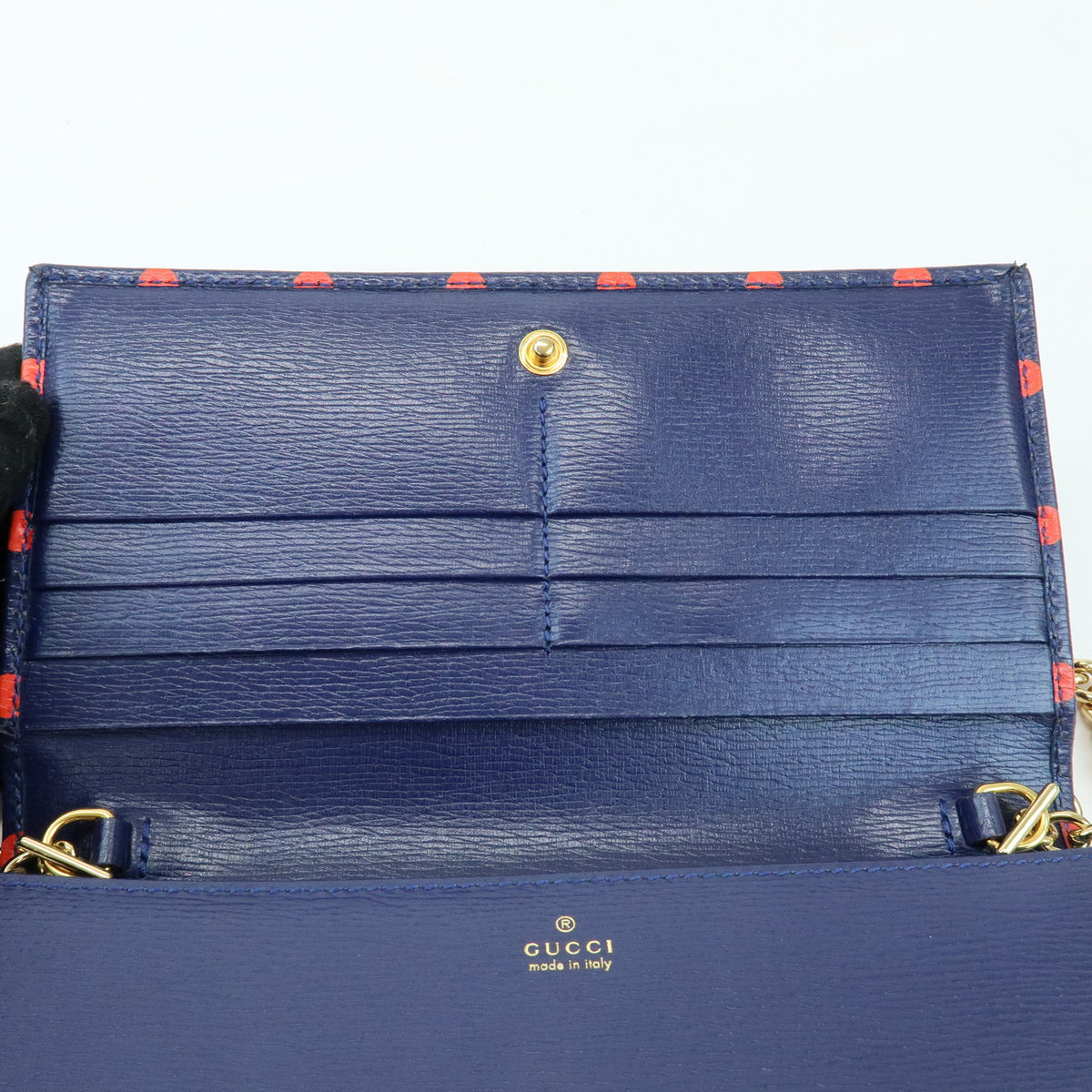 GUCCI Horsebit 1955 Calf Leather Chain Long Wallet Navy Red 621892