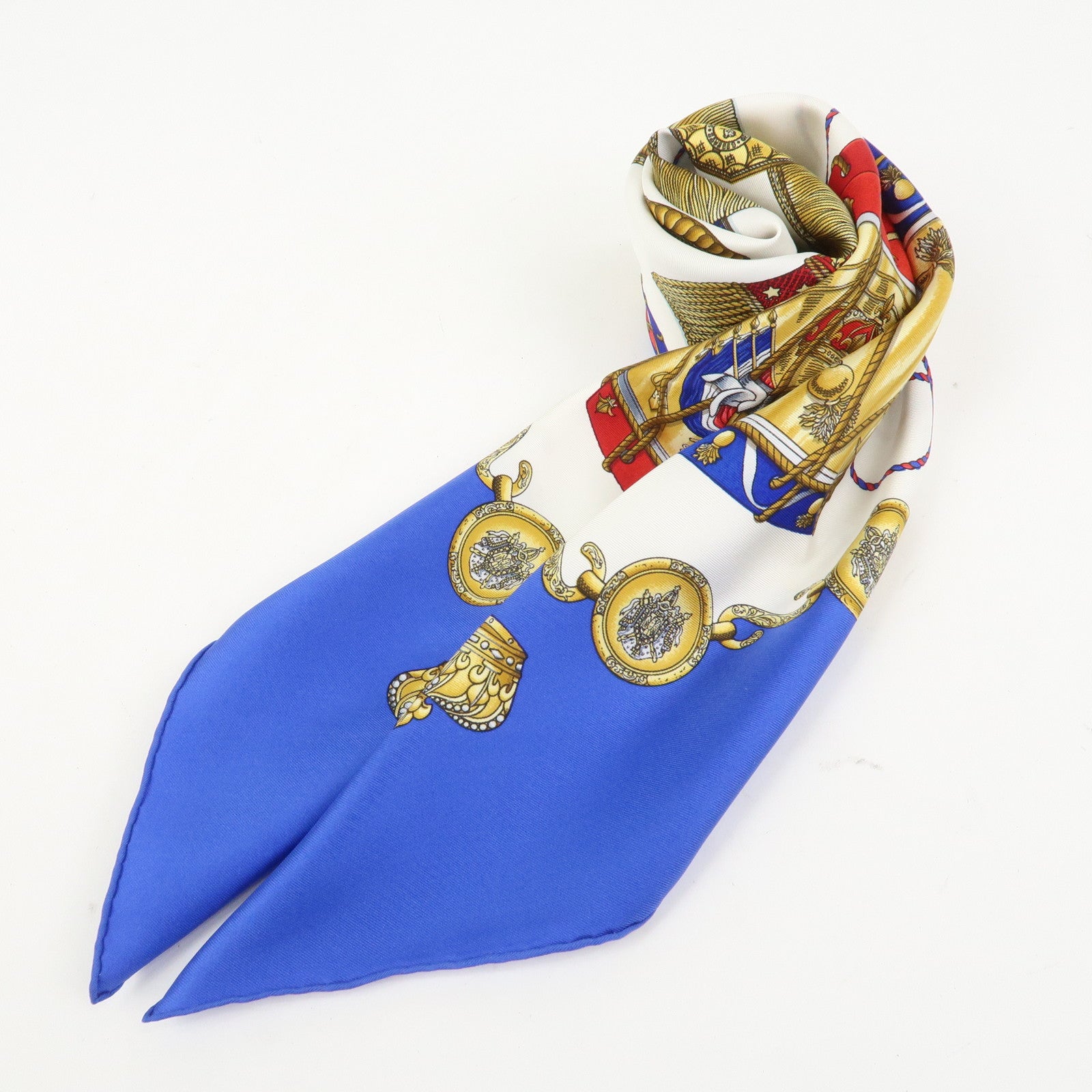 HERMES Carre 90 Silk 100% Scarf LES TAMBOURS Blue White