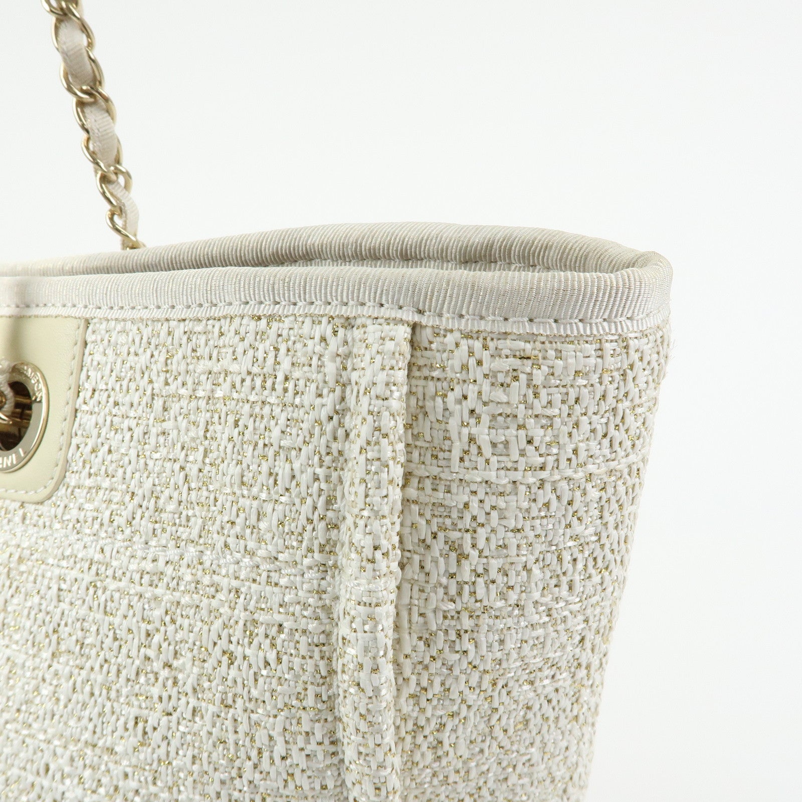 CHANEL Deauville MM Straw Leather Tote Shoulder Bag White A67001