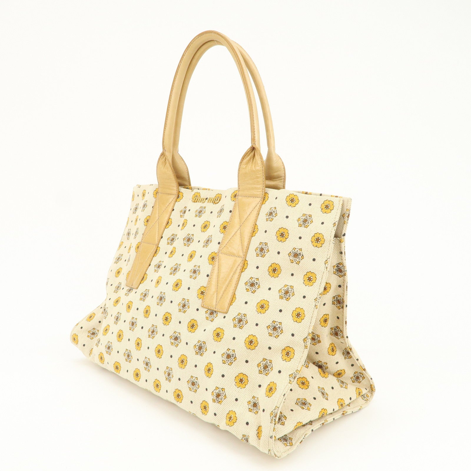 MIU MIU Canvas Leather Tote Bag Hand Bag Flower Motif Beige