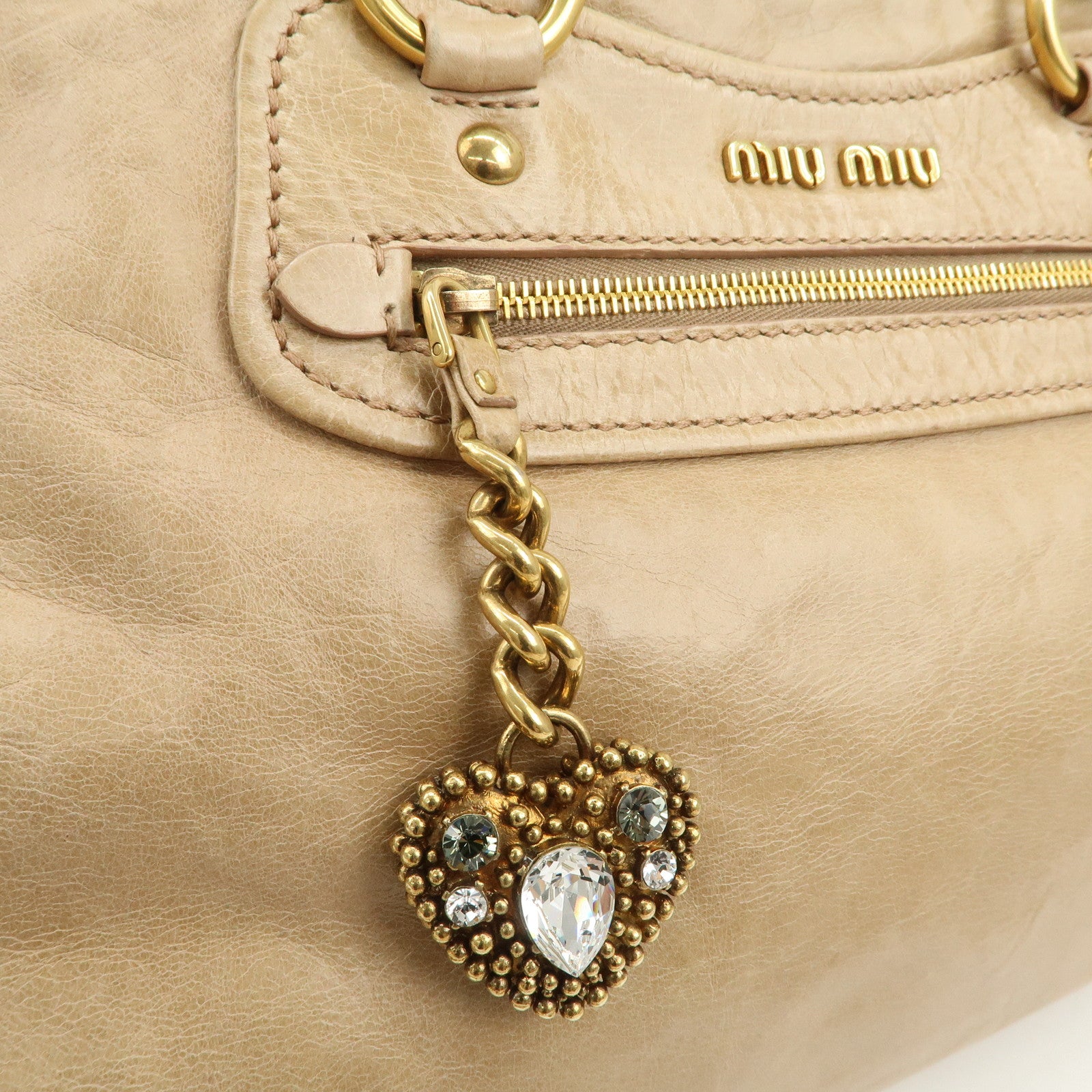 MIU MIU Logo Leather 2Way Bag Hand Bag Shoulder Bag Beige RN0728