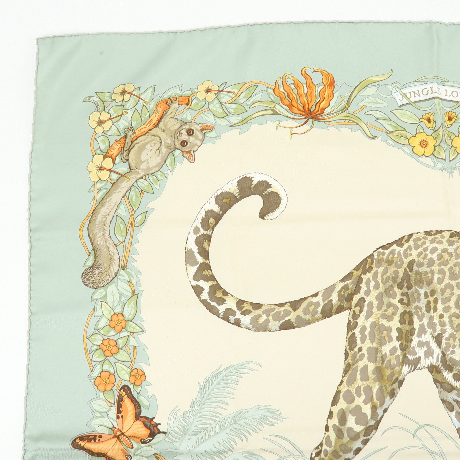 HERMES Carre 90 Silk 100% Scarf JUNGLE LOVE Light Green Ivory