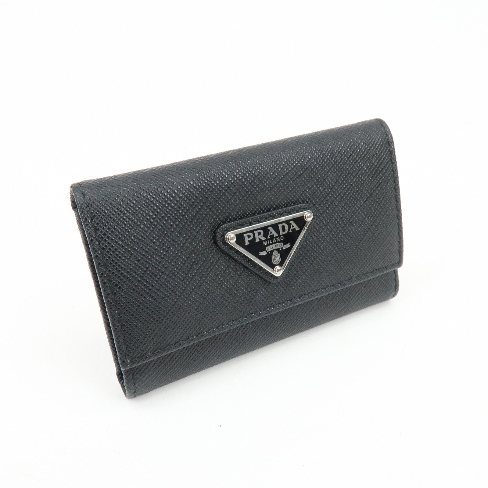 PRADA Triangle Logo Saffiano Leather Key Case Key Ring Black 1PG004
