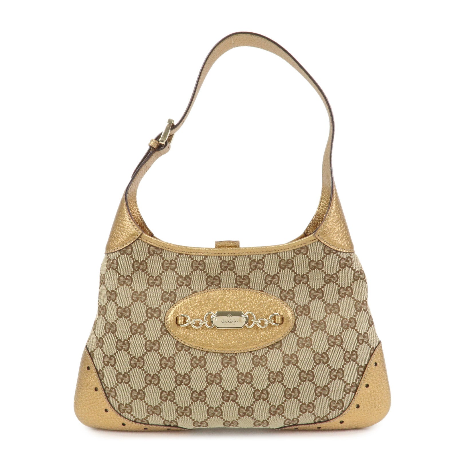 GUCCI GG Monogram Canvas Leather Shoulder Bag Beige Gold 145778
