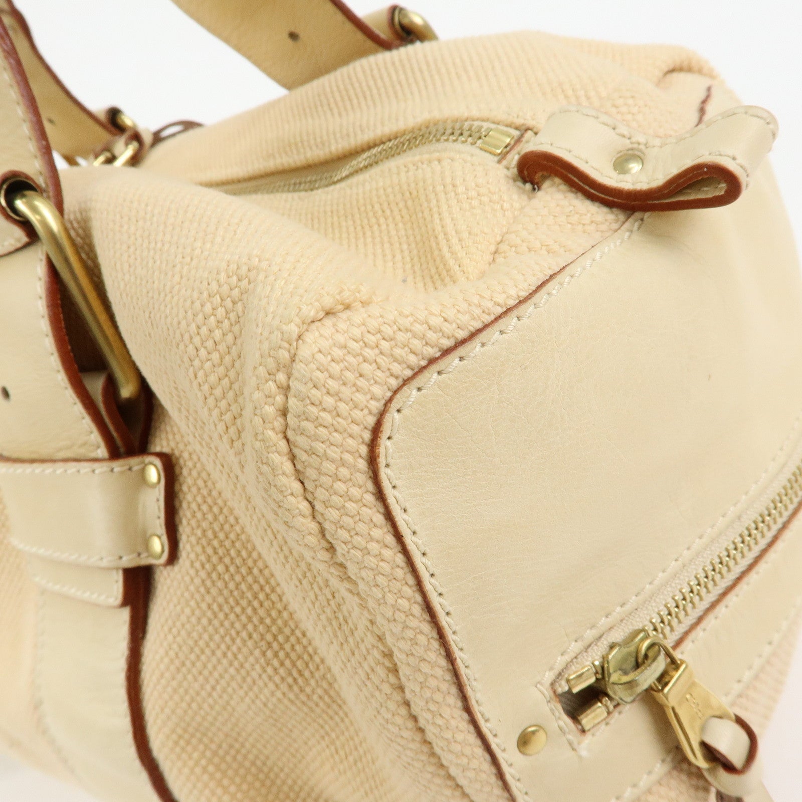 Chloe Cotton Leather Boston Bag Hand Bag Shoulder Bag Beige