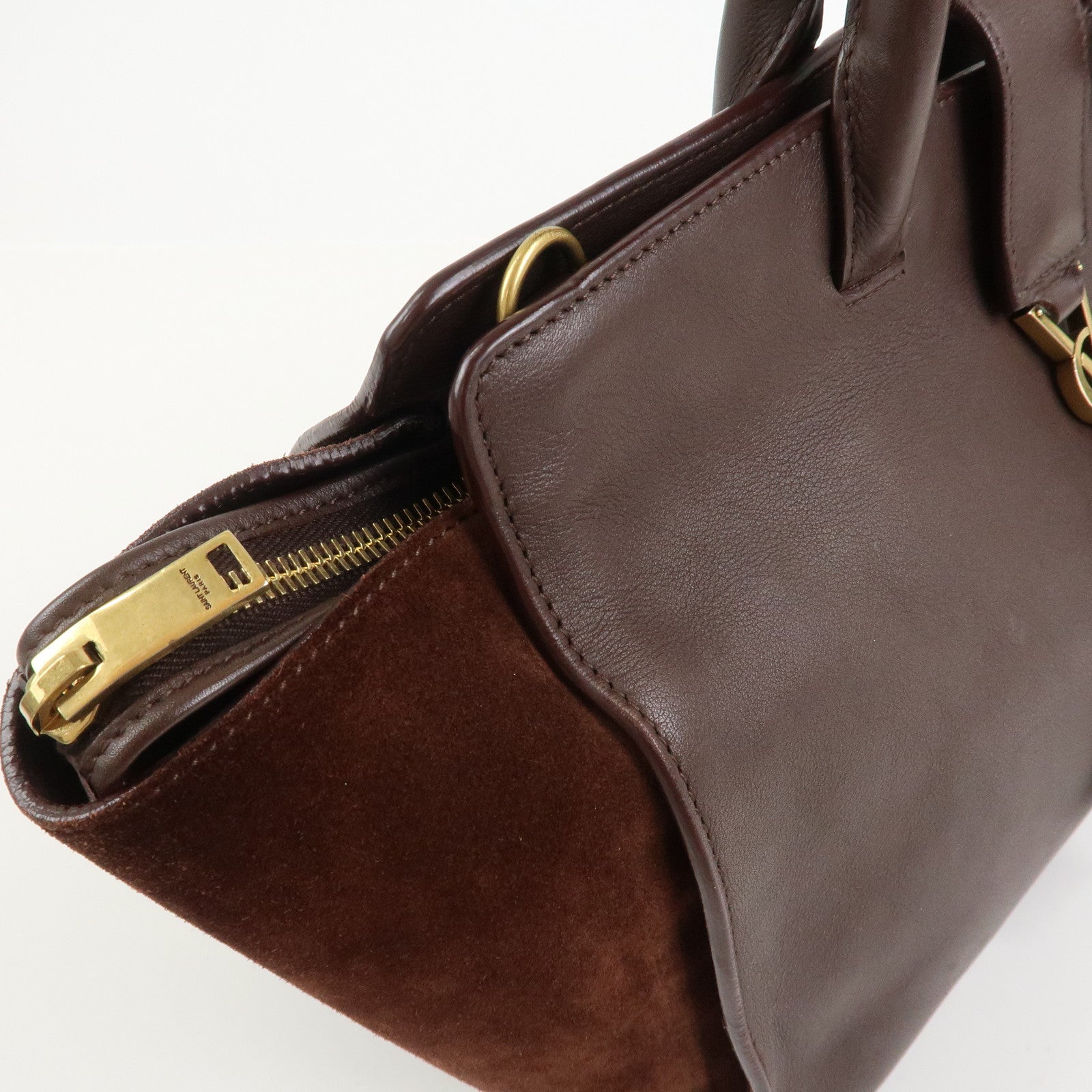 SAINT LAURENT Downtown Cabas Leather Suede 2WAY Bag Hand Bag Brown