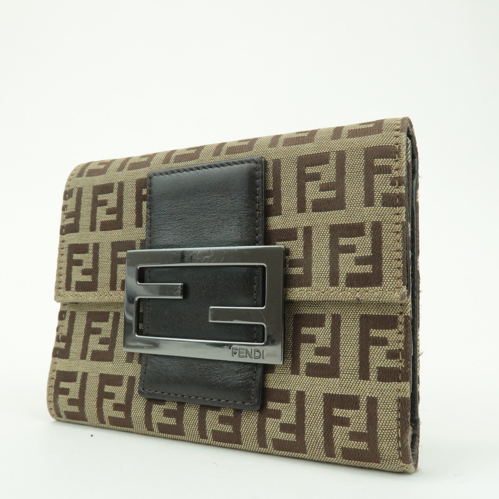 FENDI Zucchino Canvas Leather Tri-fold Wallet Beige Brown 8M0023 Used
