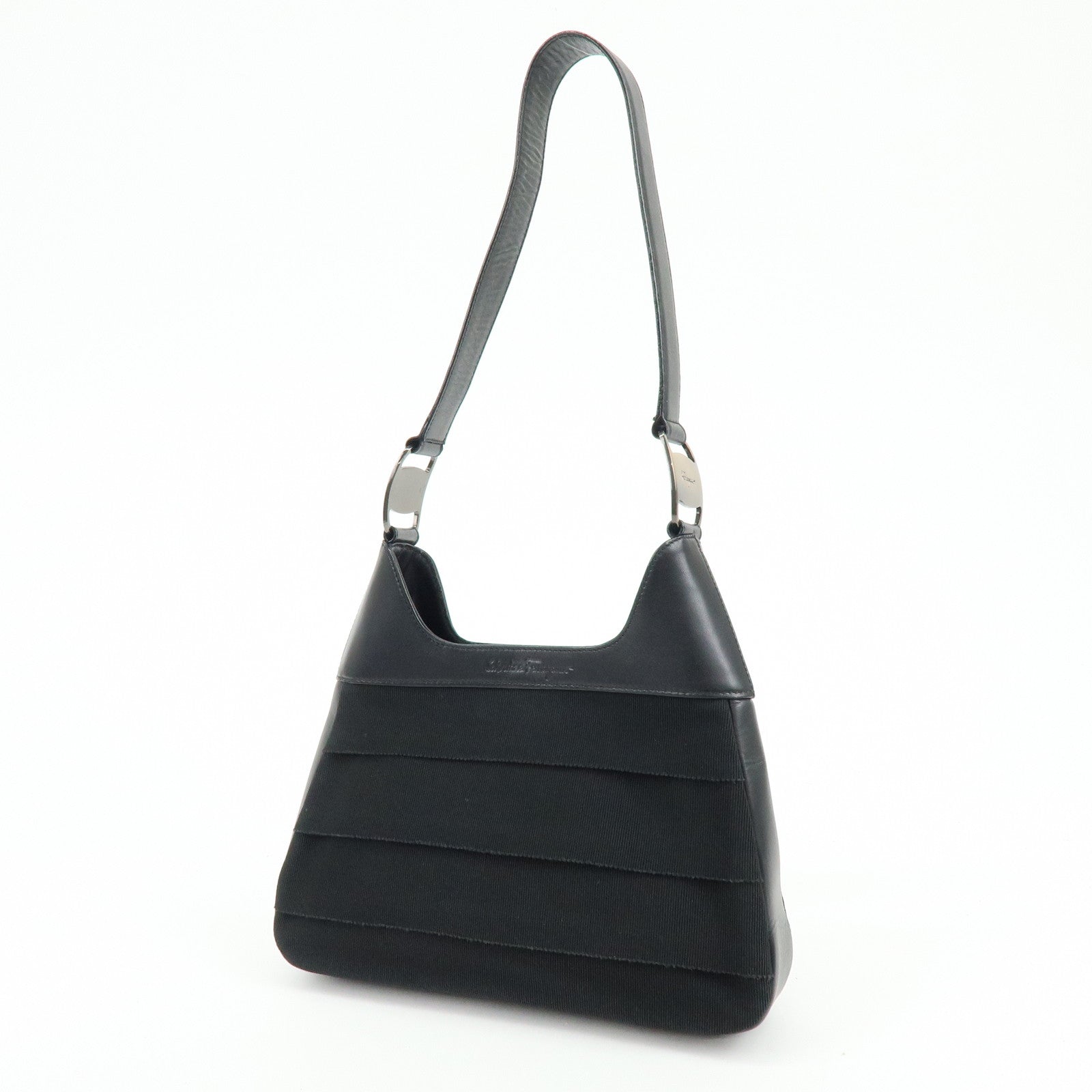 Ferragamo Vara Canvas Leather Shoulder Bag Hand Bag Black