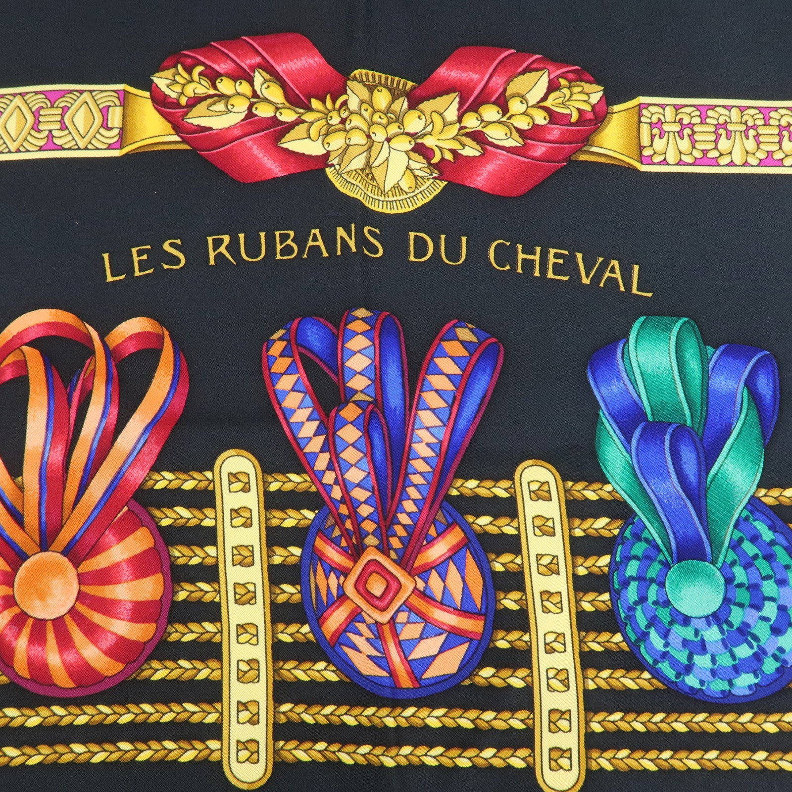 Hermes Carre 90 Silk 100% Scarf LES RUBANS DU CHEVAL Black