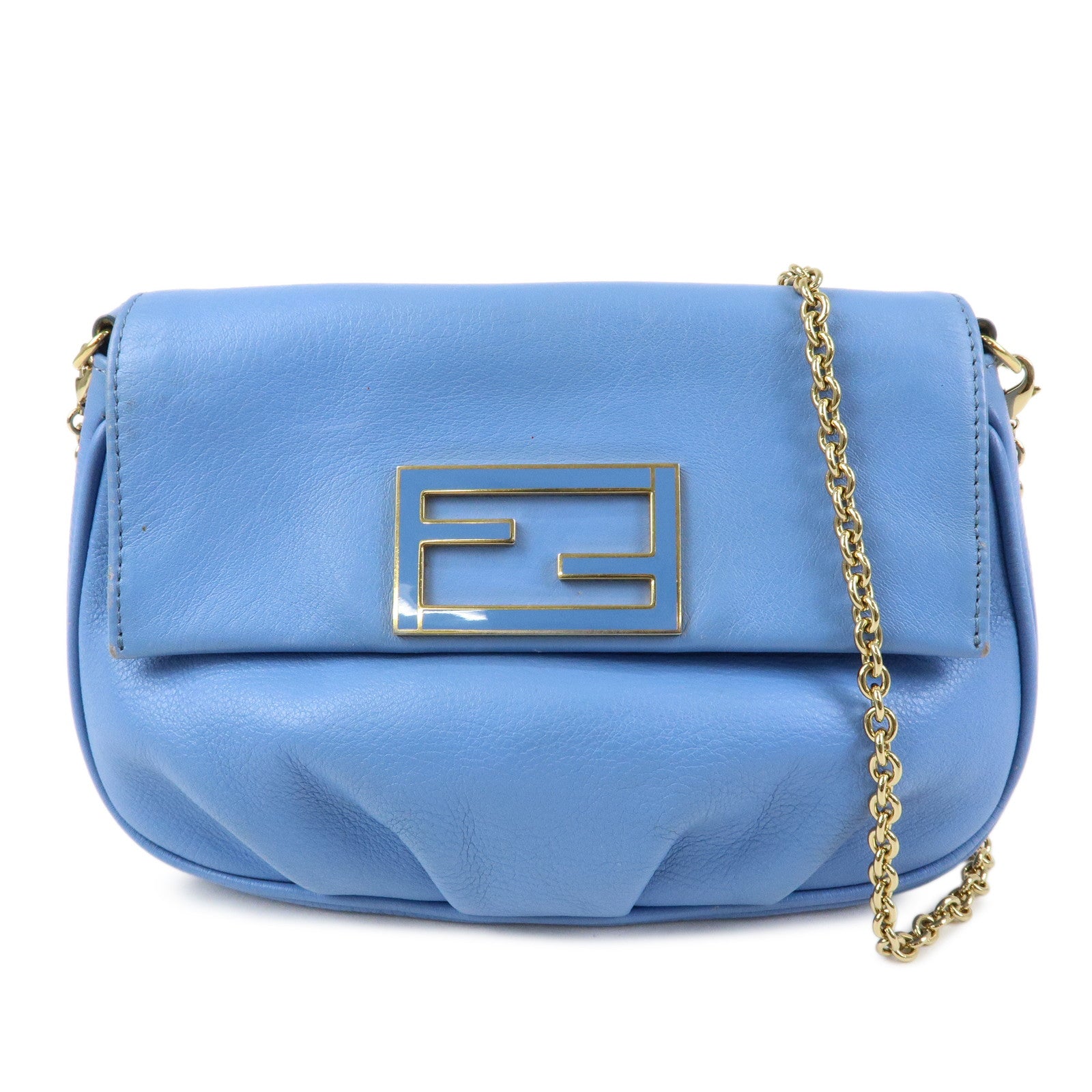 FENDI Leather Chain Shoulder Bag Crossbody Bag Light Blue 8M0276