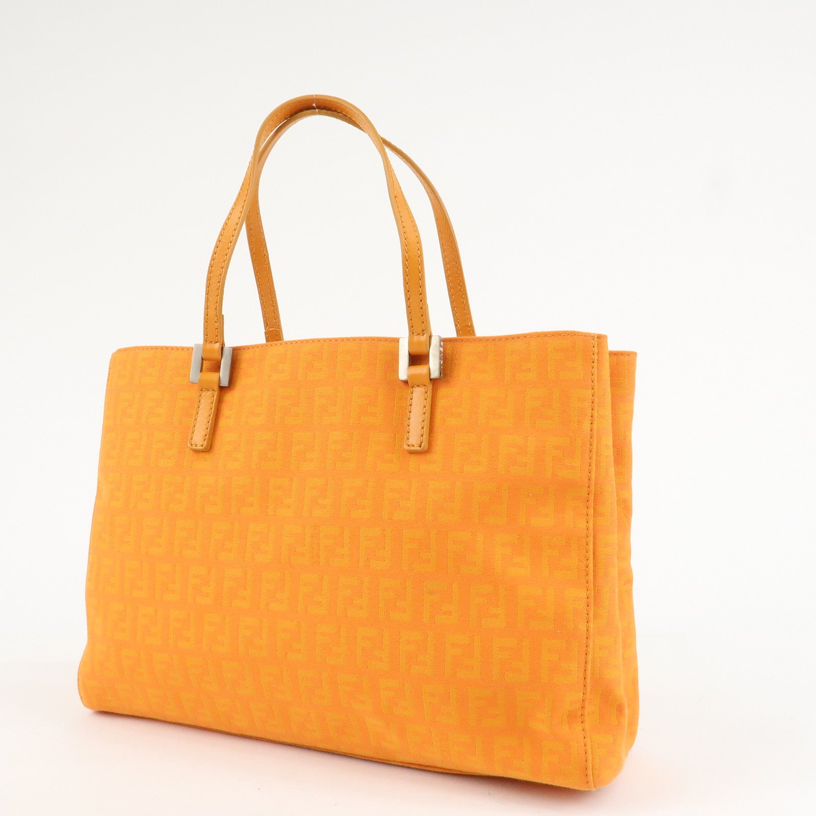 FENDI Zucchino Canvas Leather Hand Bag Tote Bag Orange 8BH072 Used
