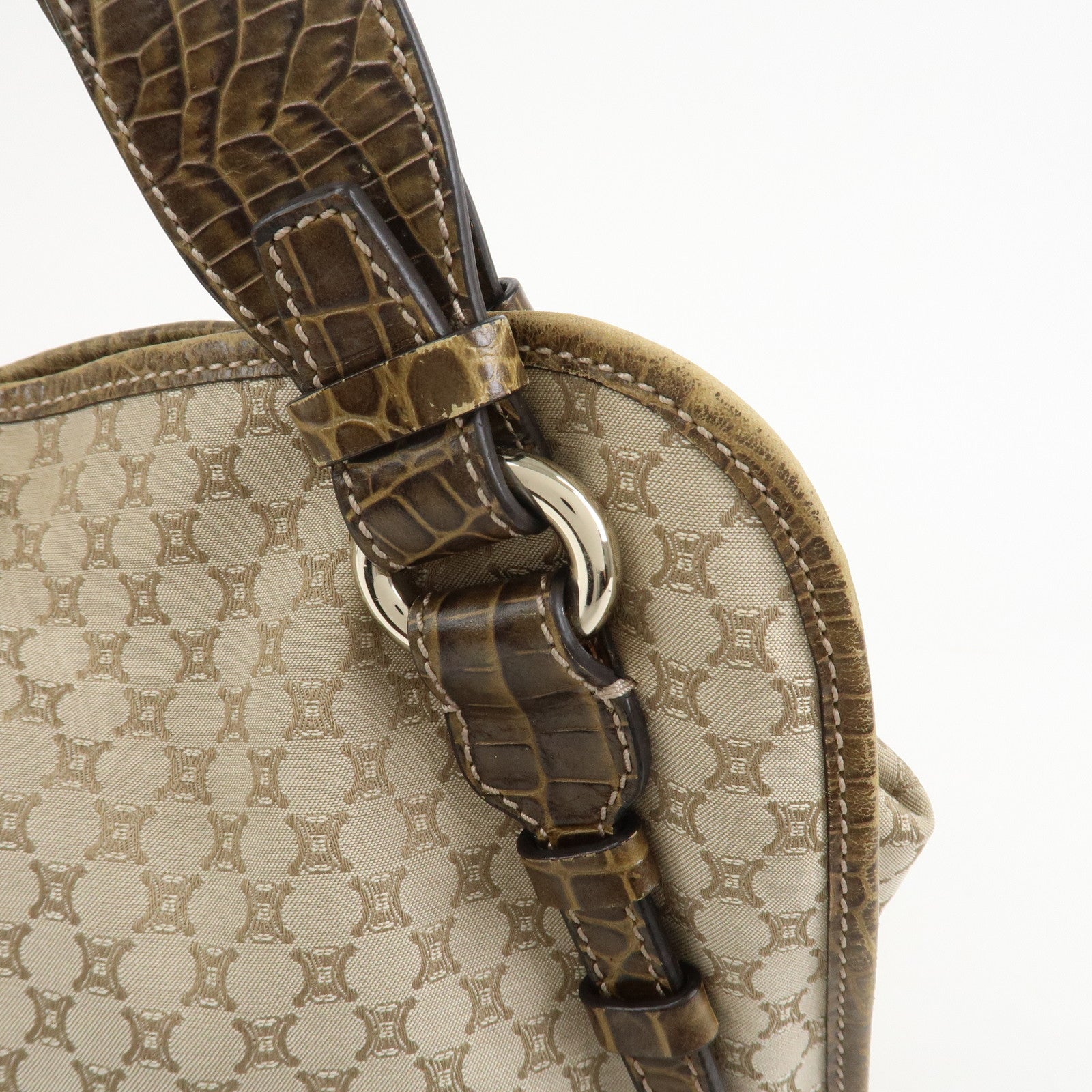 CELINE Macadam Logo Canvas Emboss Leather Shoulder Bag Beige Brown