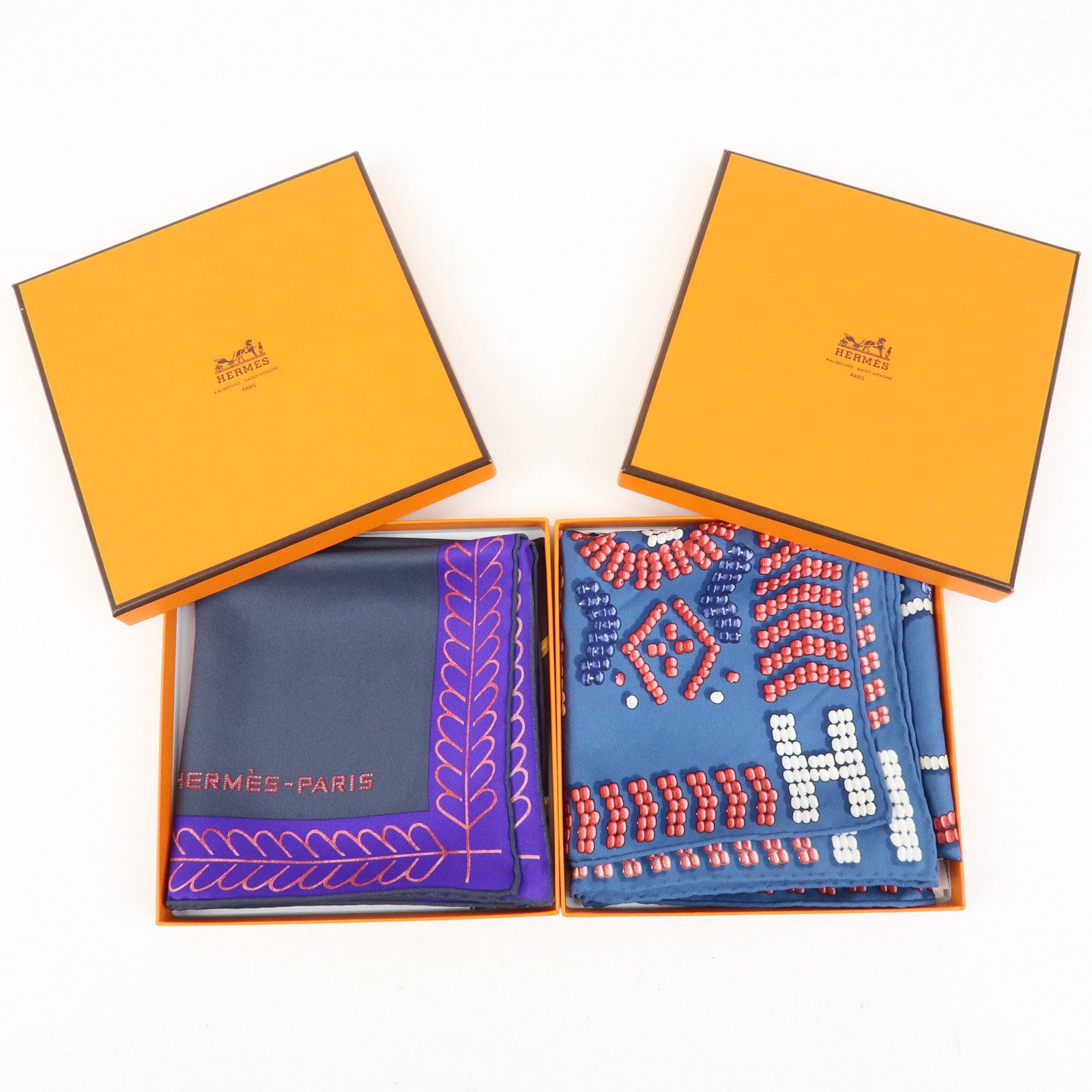 HERMES Carre 65 Set of 2 Silk 100% Scarf Black Purple Blue