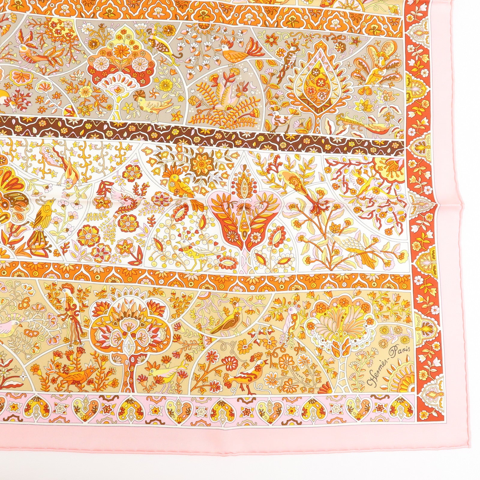 HERMES Carre 90 Silk 100% Scarf Au Pays des Oiseaux Fleurs Beige