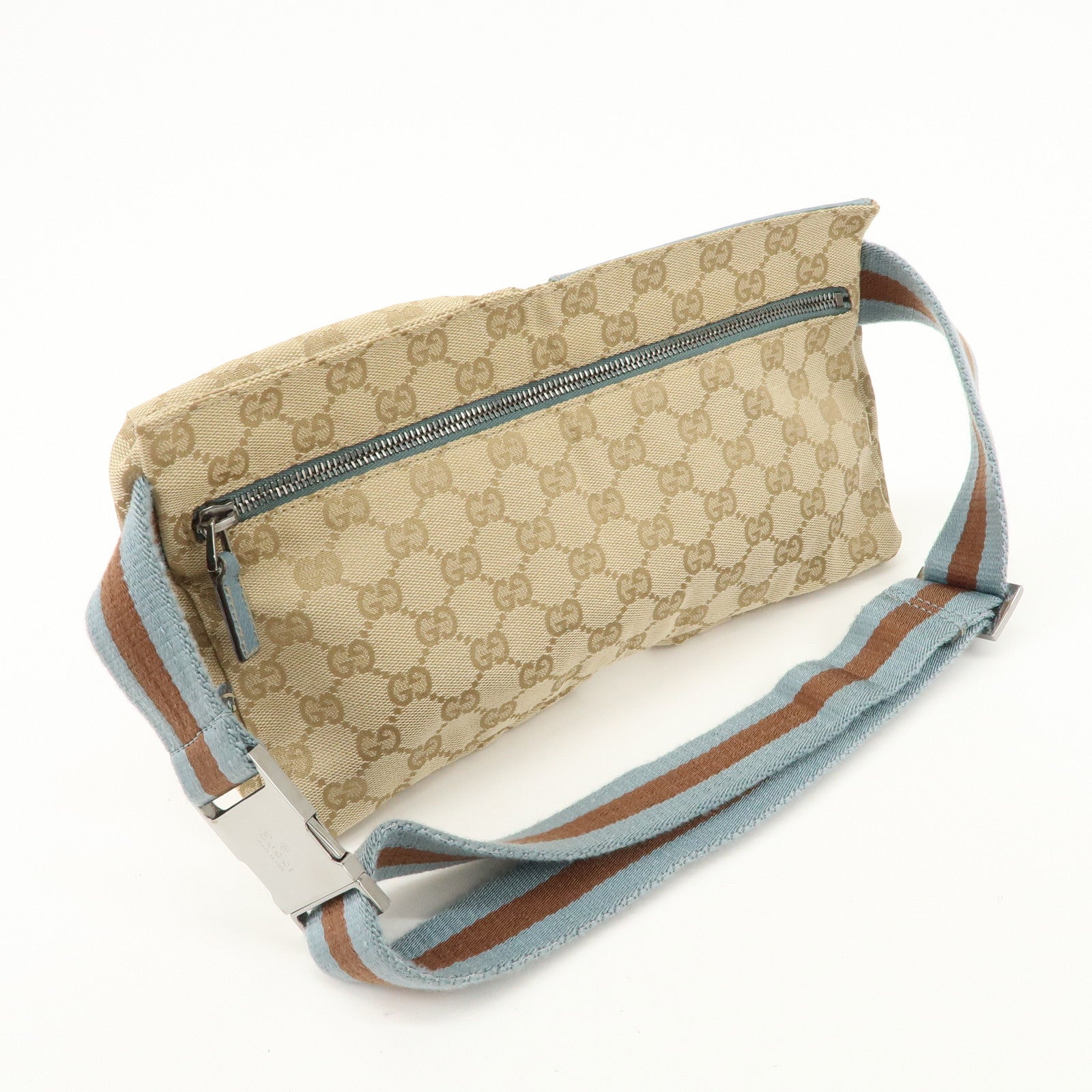 GUCCI GG Canvas Leather Waist Bag Crossbody Bag Light Blue 28566