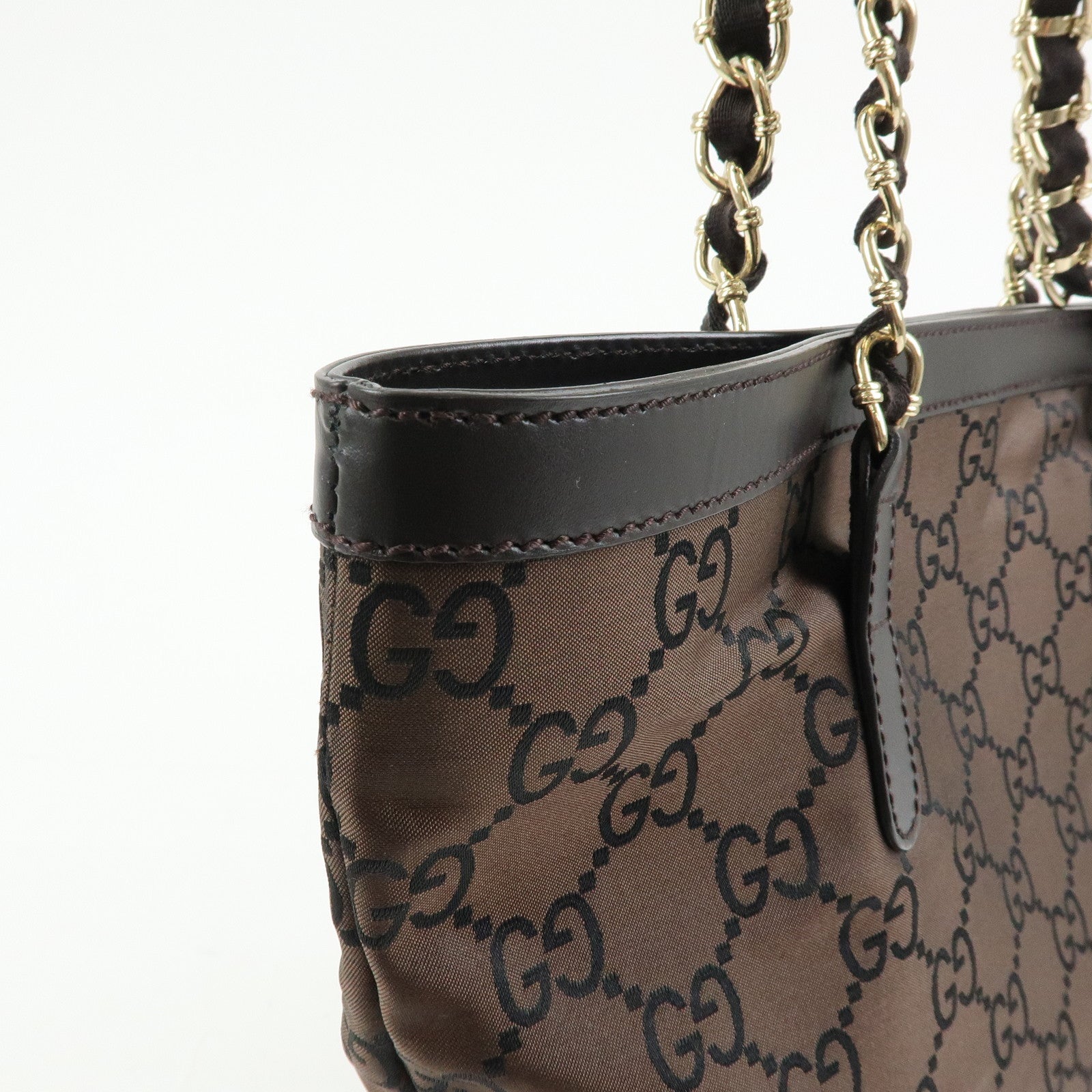 GUCCI GG Nylon Leather Chain Tote Bag Shoulder Bag Brown 196750