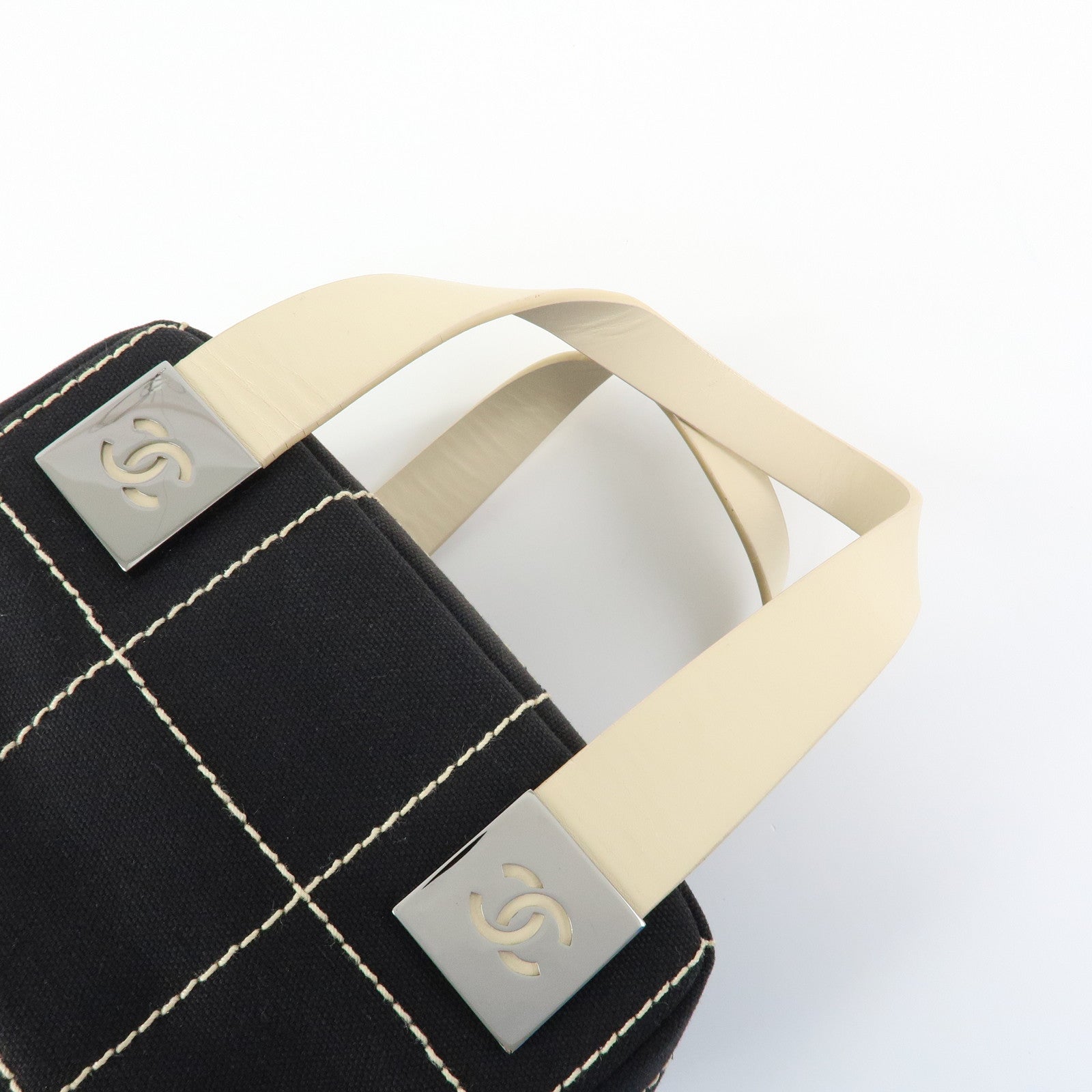 CHANEL Chocolate Bar Canvas Leather Hand Bag Black Ivory