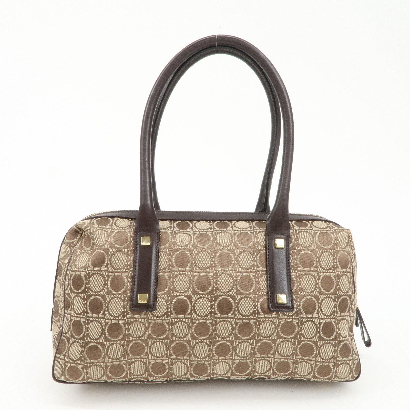 Ferragamo Gancini Leather Canvas Shoulder Bag Hand Bag Beige Brown