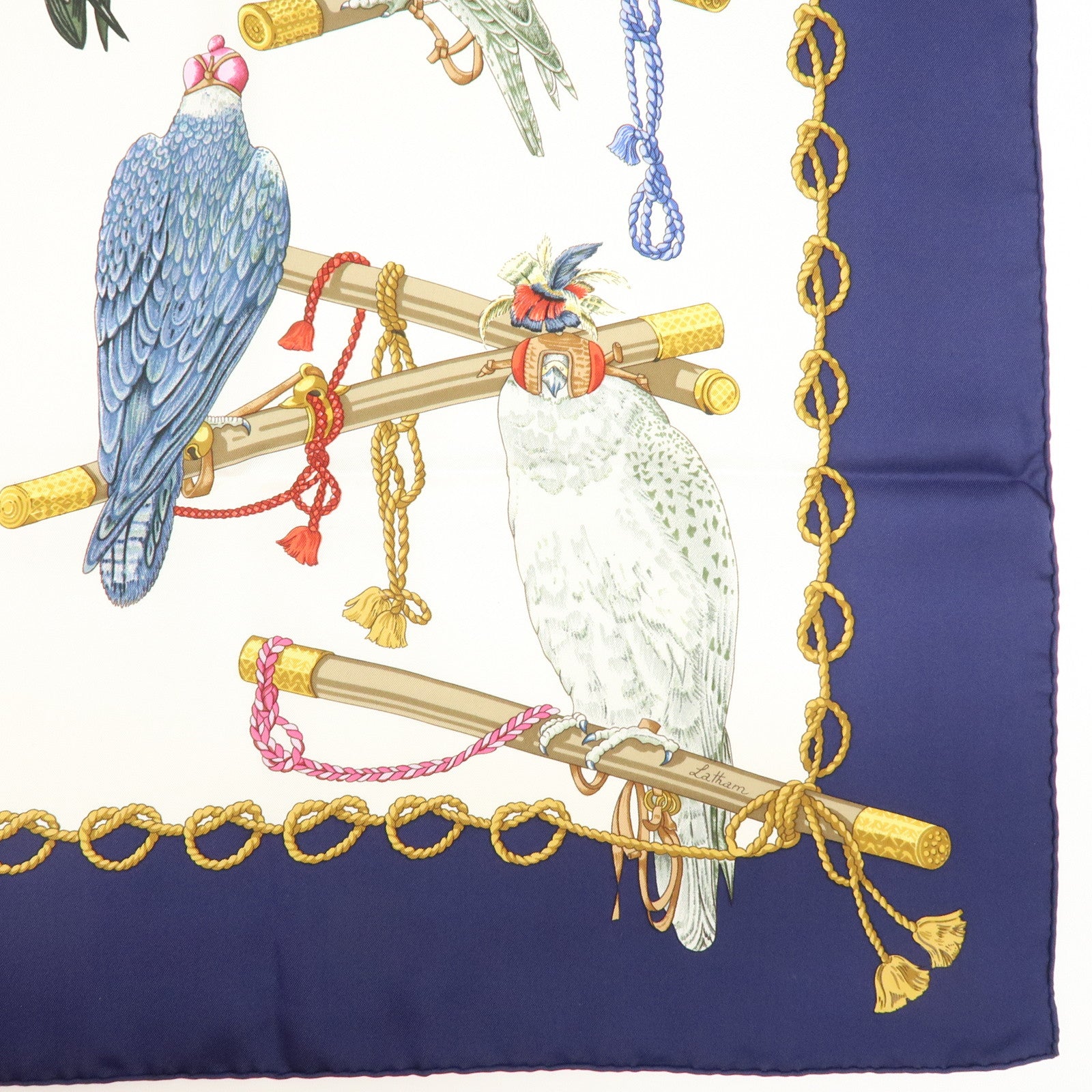 HERMES Carre 90 Silk 100% Scarf LES OISEAUX DU ROY Bird Print Navy