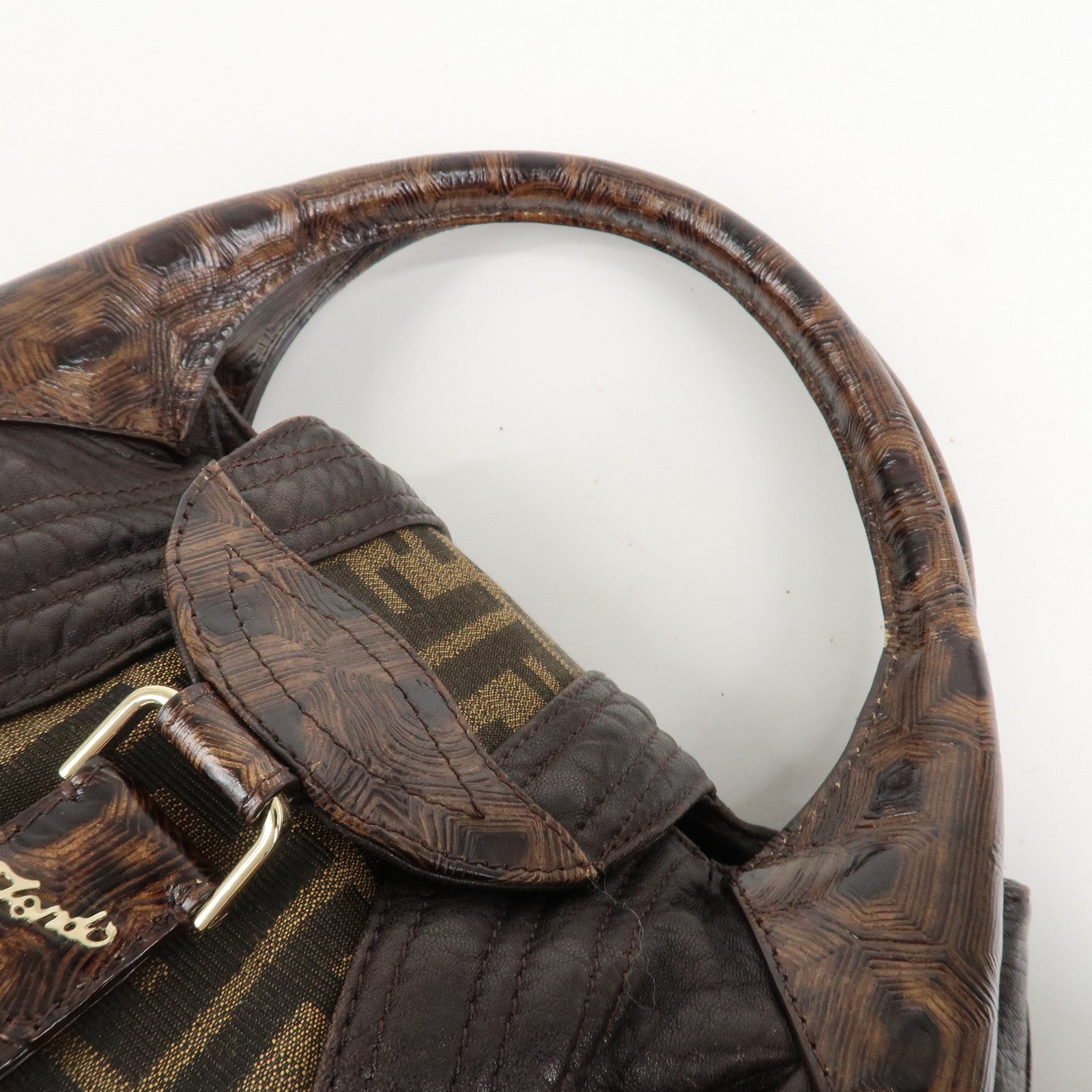 FENDI Zucca Mini Spy Canvas Leather Hand Bag Brown Black 8BR589 Used