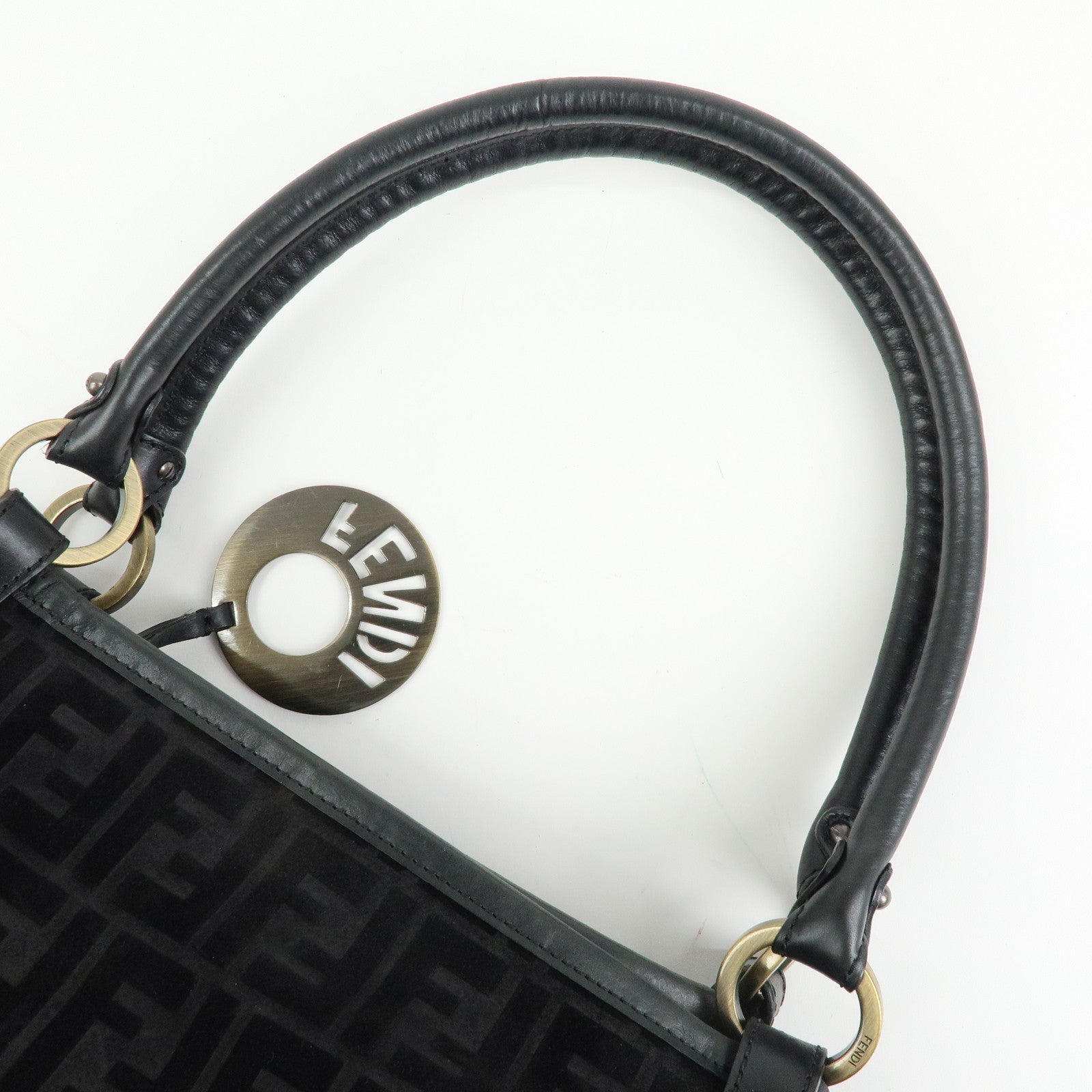 FENDI Zucca Suede Leather Gathered Shoulder Bag Black 8BH186